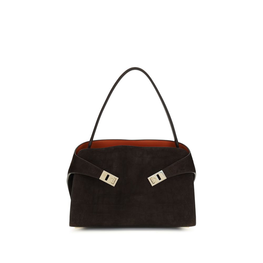 Elevate your elegance with the Ferragamo Brown Calf Leather Bos Taurus Shoulder Bag, a masterpiece of refined suede and gold-tone artistry, perfect for the discerning individual.