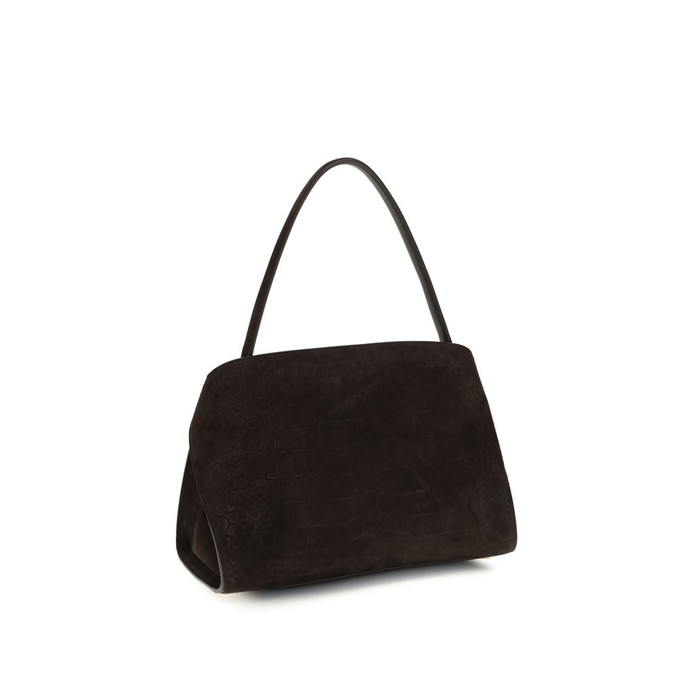 Elevate your elegance with the Ferragamo Brown Calf Leather Bos Taurus Shoulder Bag, a masterpiece of refined suede and gold-tone artistry, perfect for any sophisticated occasion.