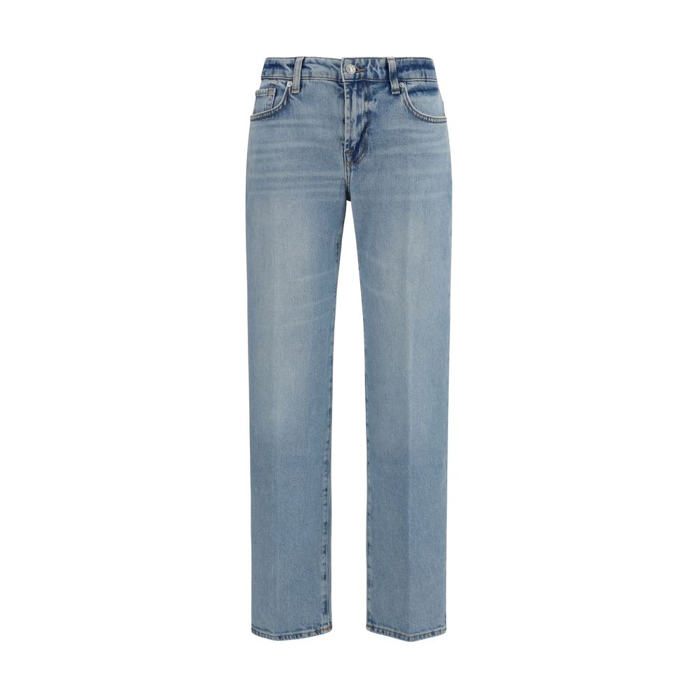 Indulge in the timeless elegance of 7FOR Blue Cotton Straight-Leg Jeans, crafted for sophistication and versatility, perfect for every discerning wardrobe.