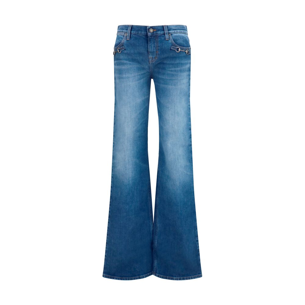 Experience the allure of Gucci Blue Cotton Flared Jeans, crafted in Italy with exquisite materials, embodying timeless luxury and sophisticated style for the discerning individual.