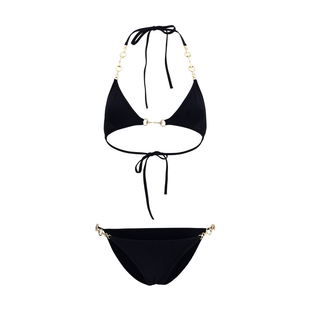 Indulge in the exquisite Gucci Black Polyamide Bikini from the AW26 collection, crafted from soft stretch jersey with opulent gold-tone details, embodying luxury and sophistication.
