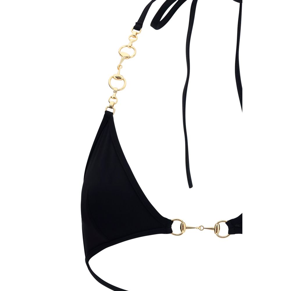 Indulge in the elegance of the Gucci Black Polyamide Bikini from the AW26 collection, crafted from soft stretch jersey with opulent gold-tone details for a refined beachside allure.