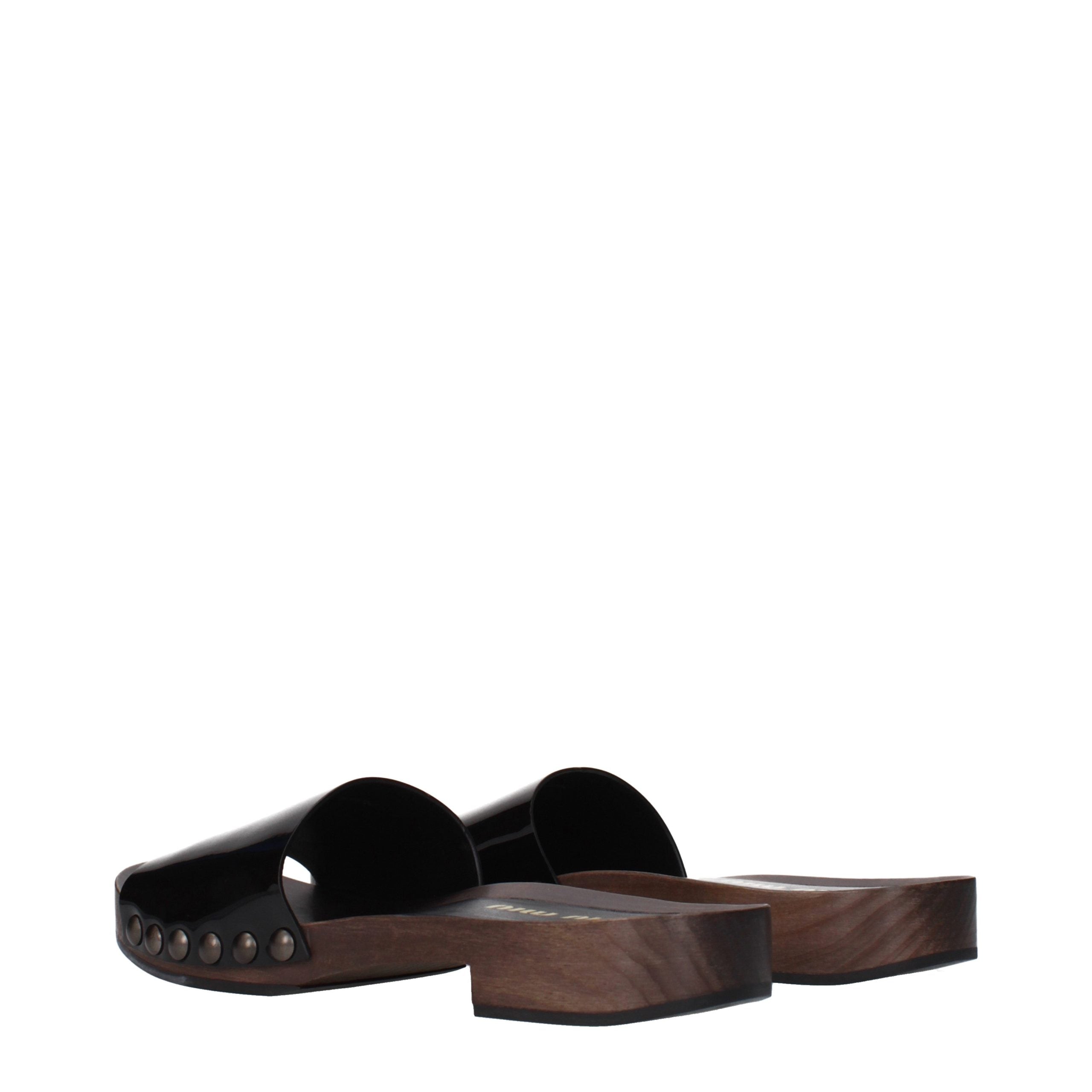 Experience the sublime elegance of Miu Miu Black Leather Slippers, crafted from exquisite patent leather for effortless sophistication and timeless allure.