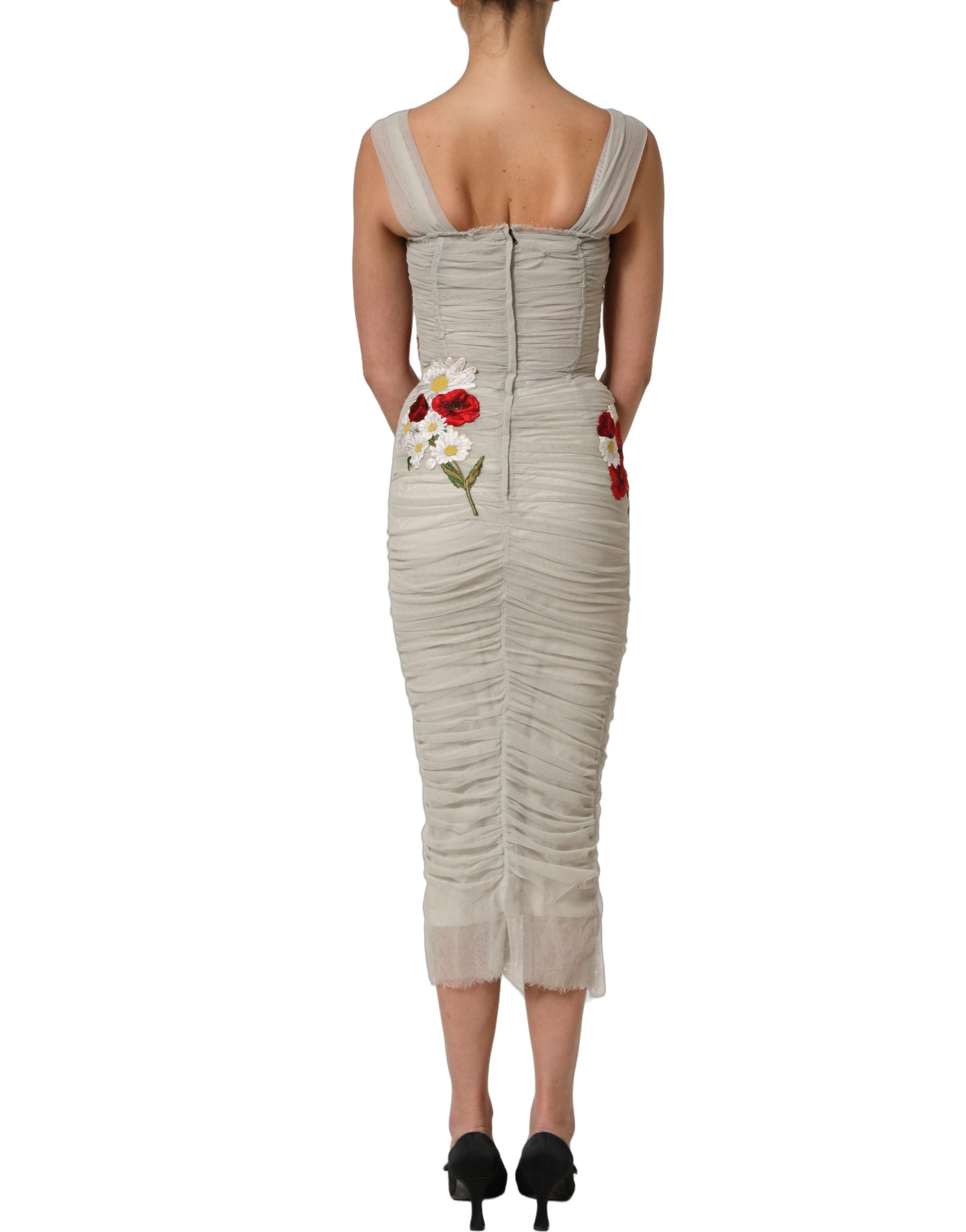 Discover the exquisite Dolce & Gabbana Light Gray Rose Embroidery Sheath Midi Dress, a masterpiece of Italian craftsmanship that embodies timeless elegance and allure.