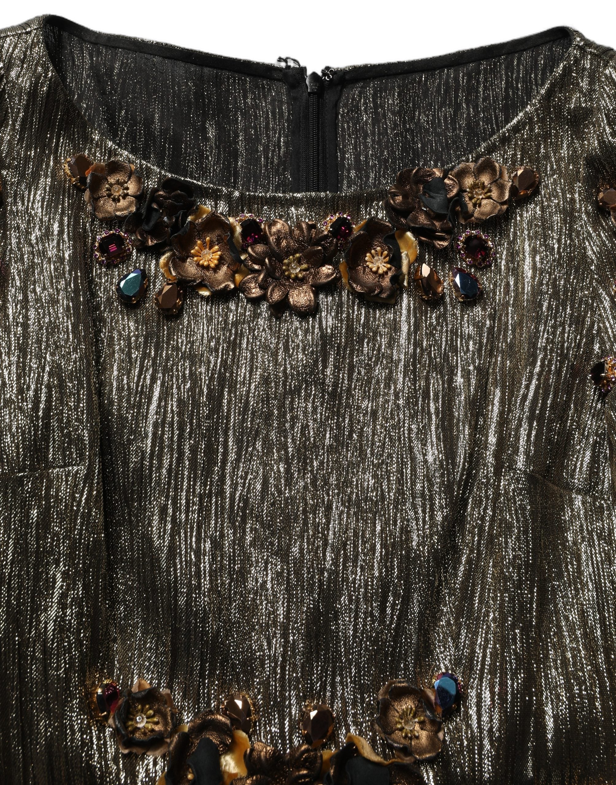 Experience the allure of the Dolce & Gabbana Metallic Gold Embellished Tiered Midi Dress, a masterpiece of silk and artistry that redefines luxury and sophistication.