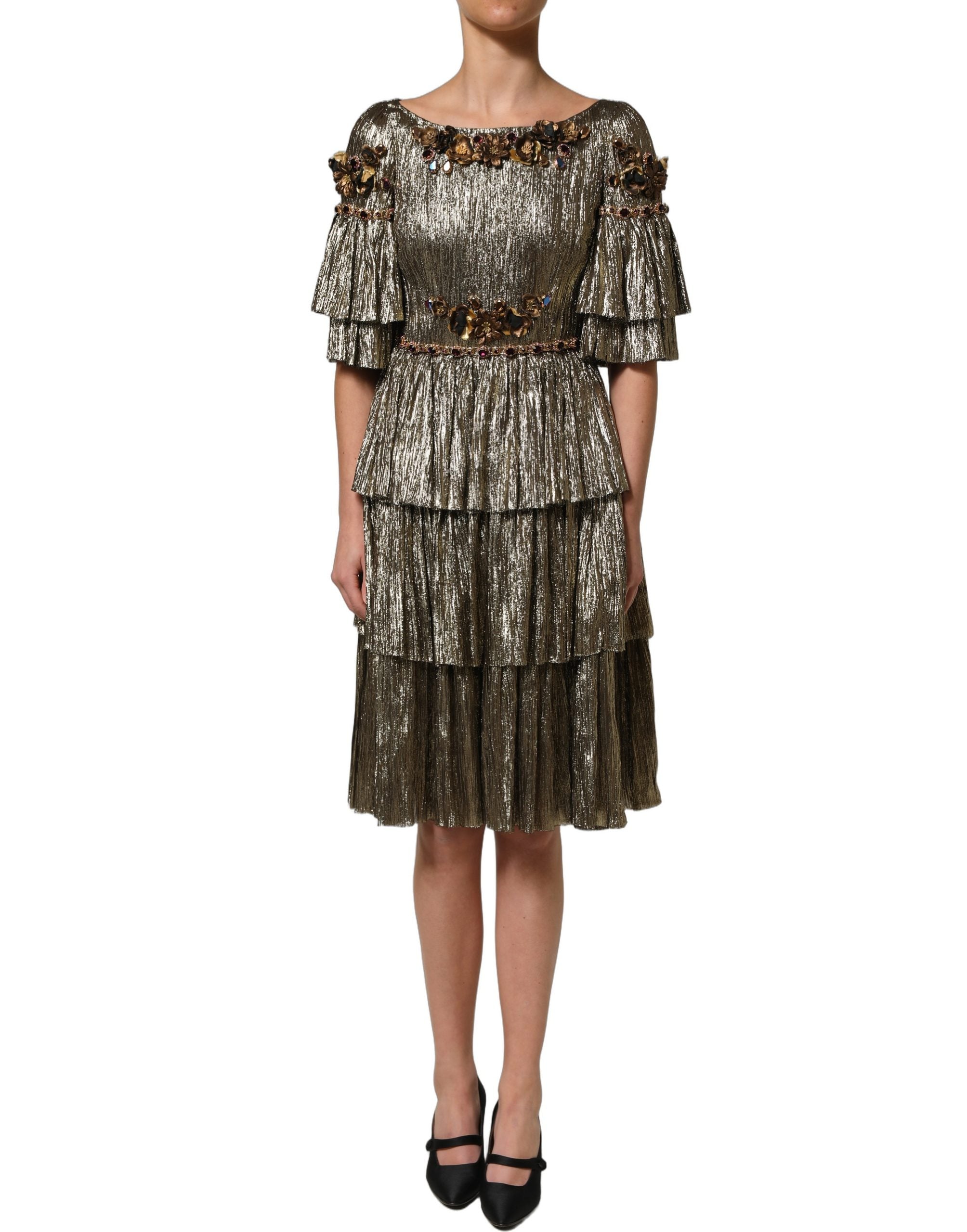 Experience the allure of the Dolce & Gabbana Metallic Gold Embellished Tiered Midi Dress, a masterpiece of silk and artistry that redefines elegance and sophistication.