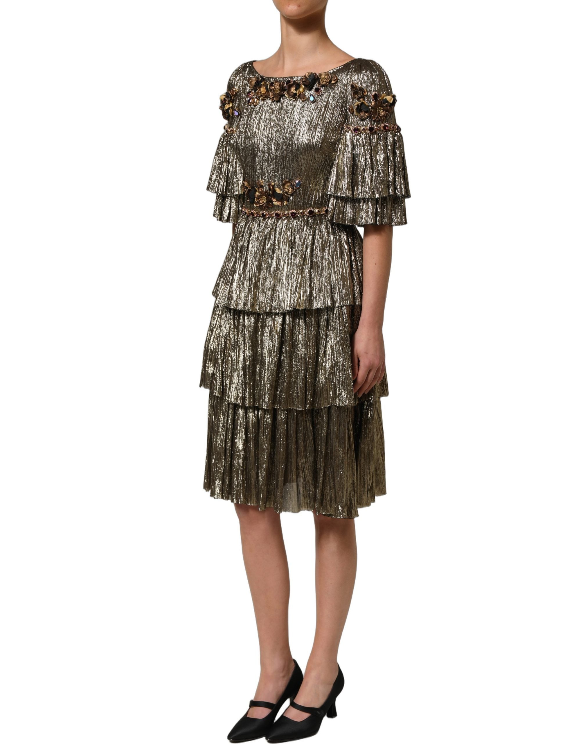 Elevate your elegance with the Dolce & Gabbana Metallic Gold Embellished Tiered Midi Dress, a masterpiece of silk and artistry that embodies luxury and sophistication.