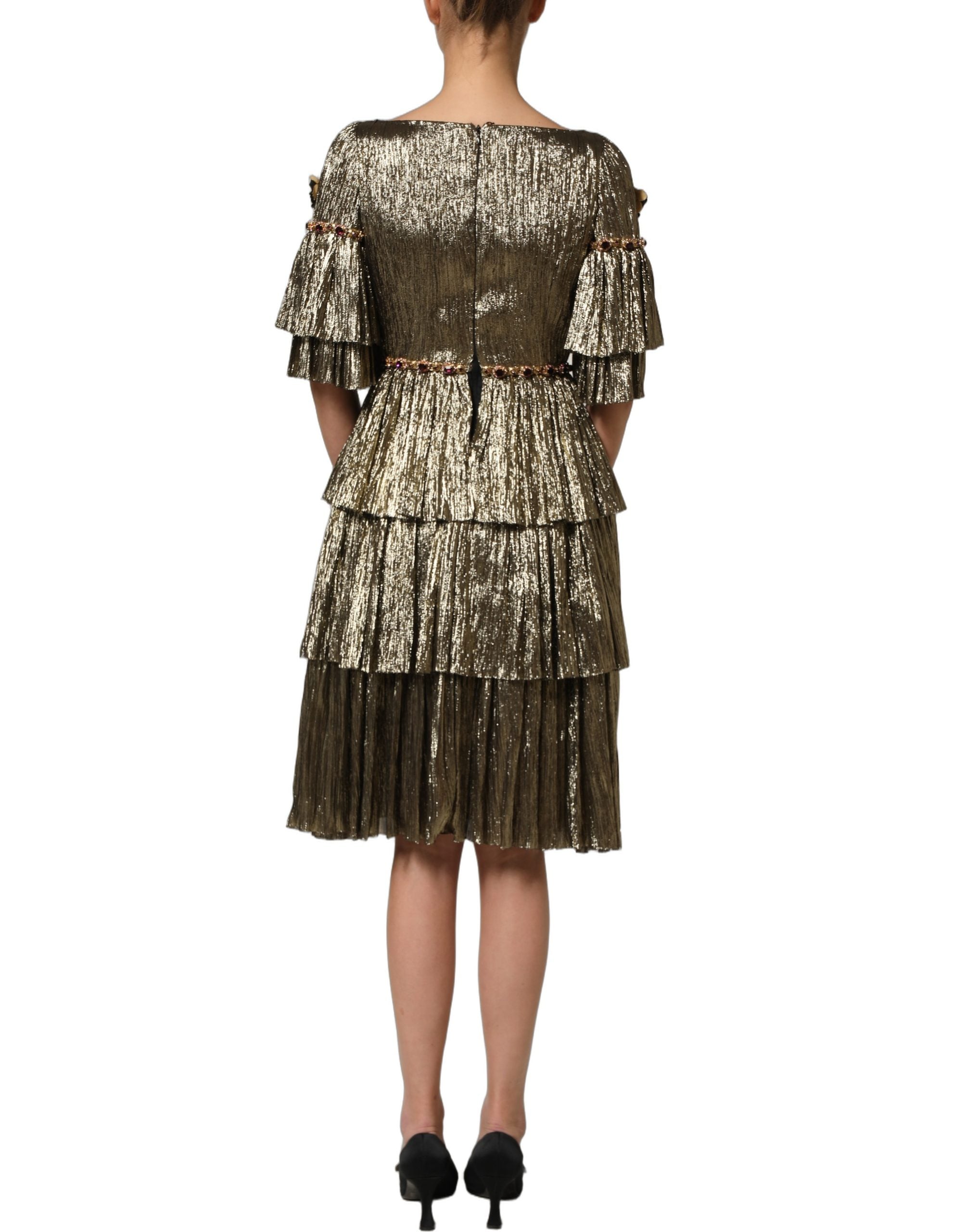 Elevate your elegance with the Dolce & Gabbana Metallic Gold Embellished Tiered Midi Dress, a luxurious blend of silk and artistry, perfect for unforgettable moments.