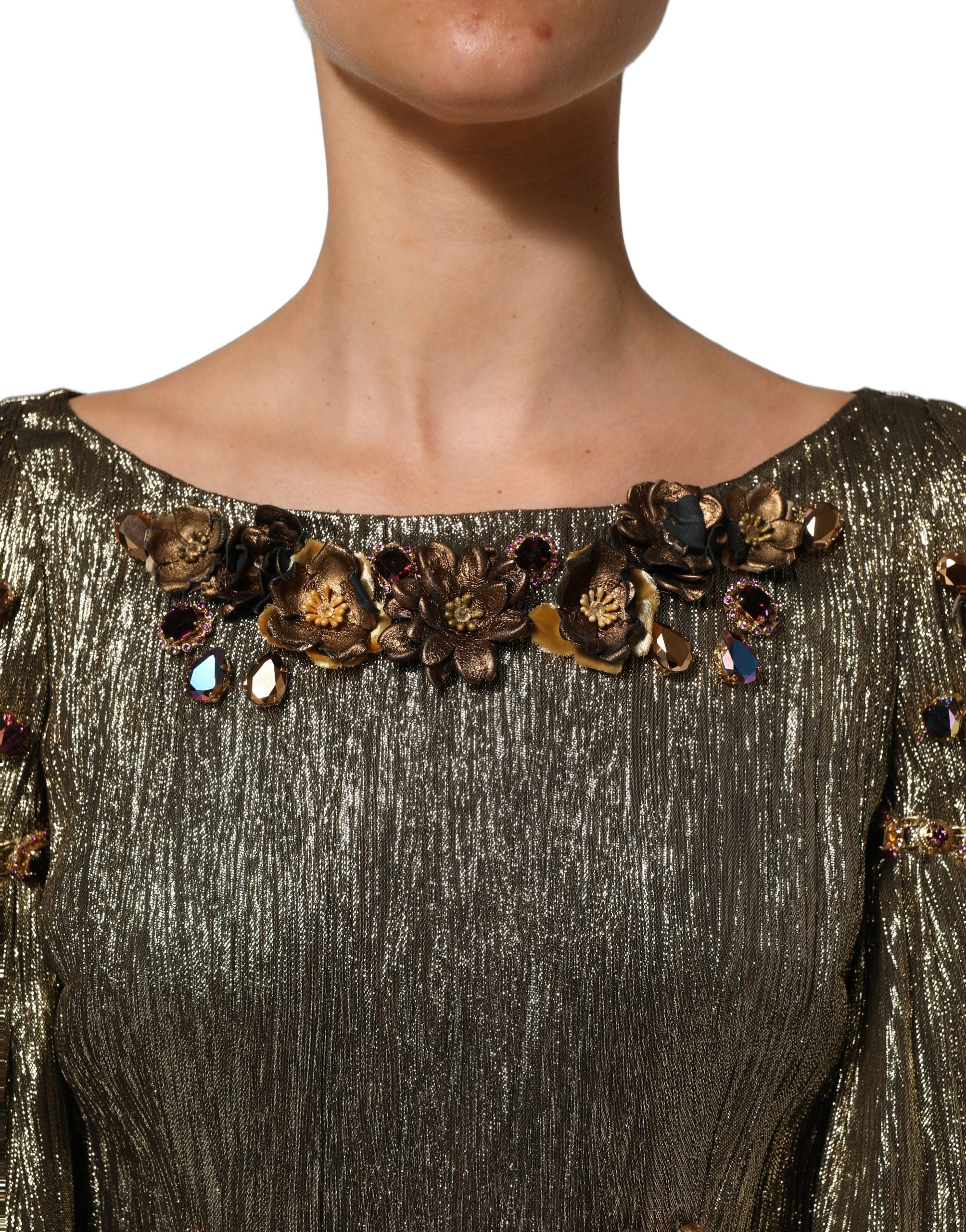 Elevate your elegance with the Dolce & Gabbana Metallic Gold Embellished Tiered Midi Dress, a masterpiece of silk and artistry designed for unforgettable moments.