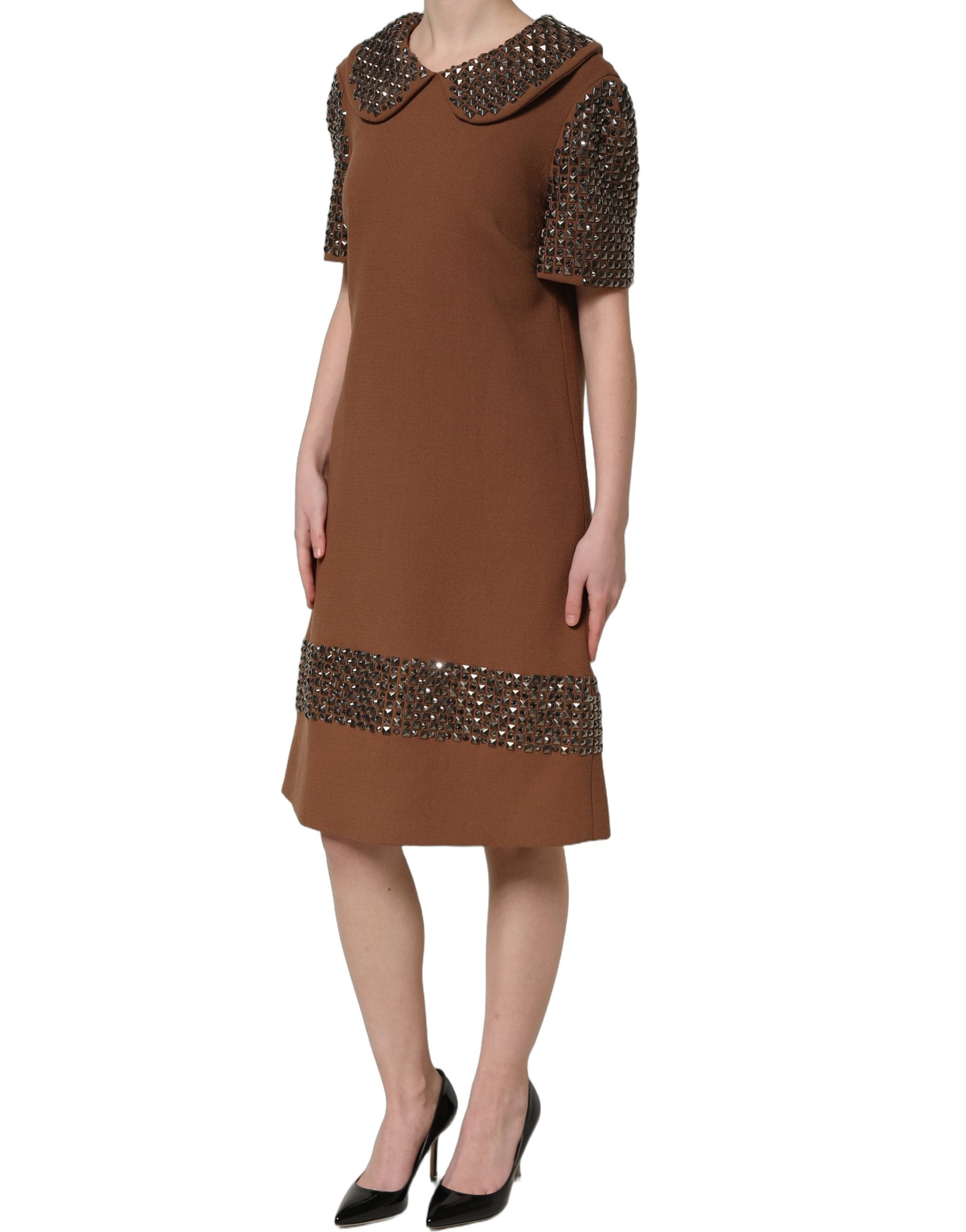 Dolce & Gabbana Brown Wool Rhinestone Midi Dress Couture