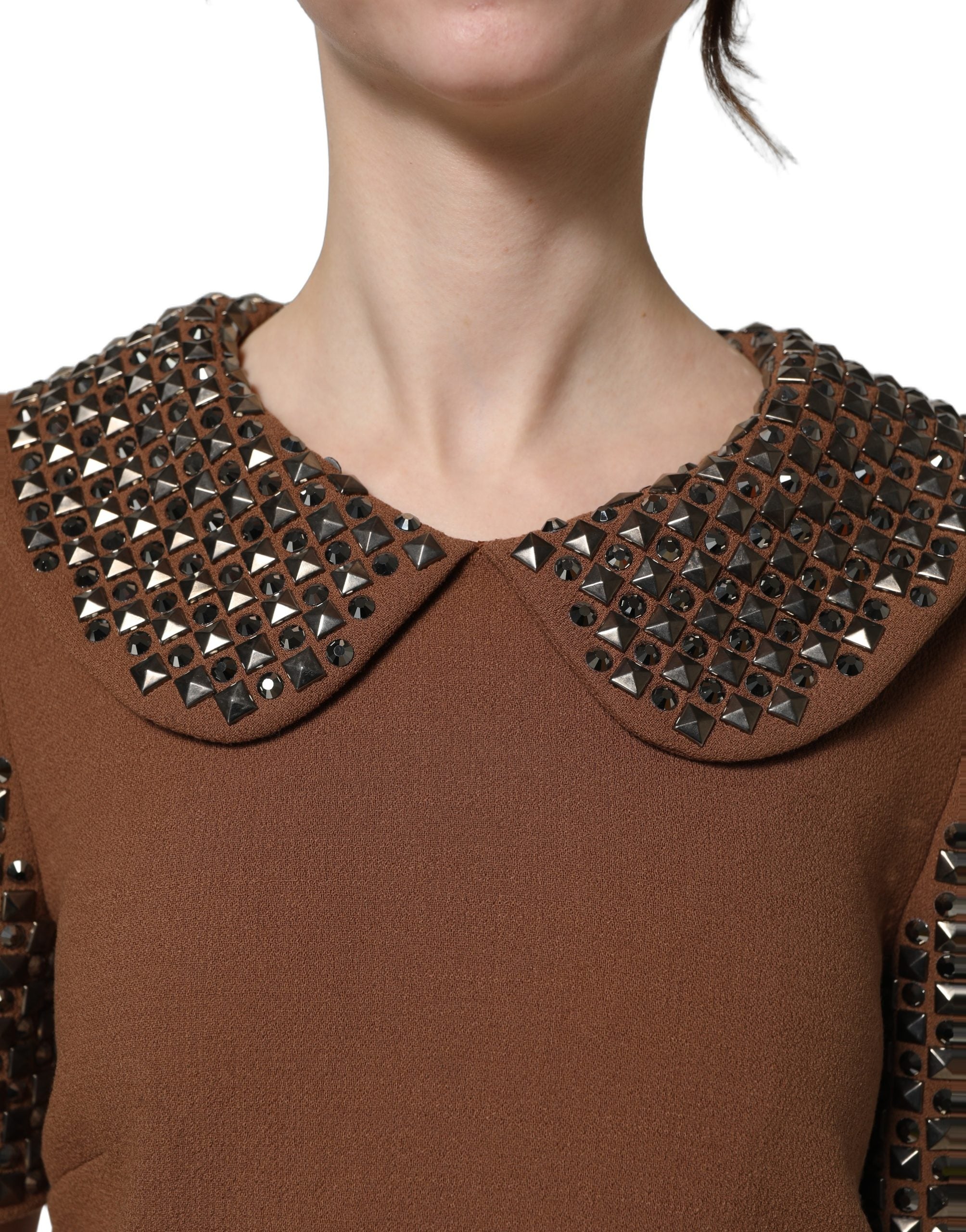 Dolce & Gabbana Brown Wool Rhinestone Midi Dress Couture