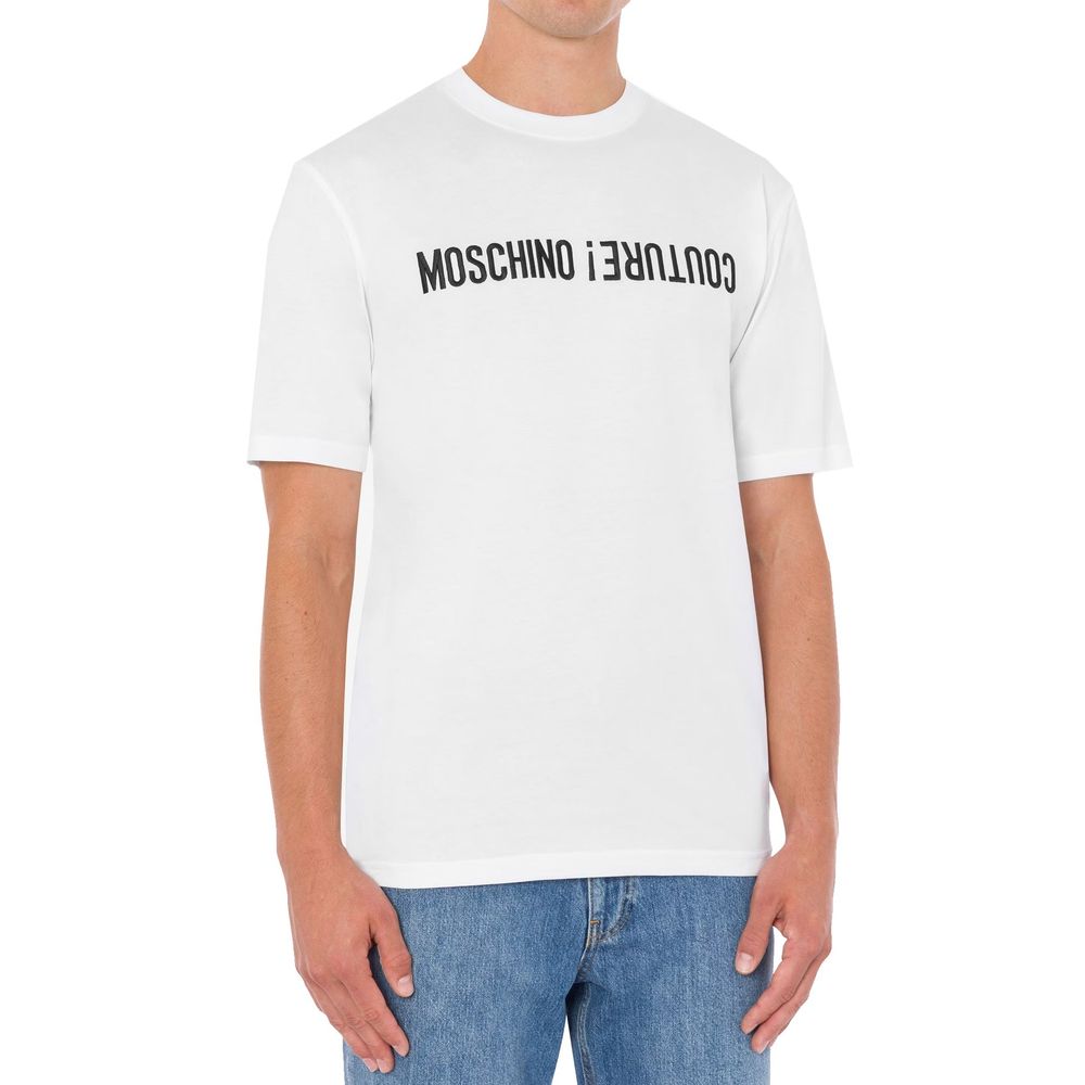 Elevate your style with the Moschino White Cotton T-Shirt, a luxurious blend of comfort and sophistication, perfect for the discerning individual who values timeless elegance.
