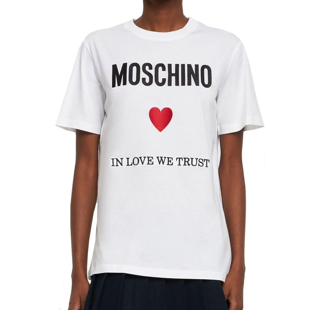 Elevate your wardrobe with the Moschino Couture White Cotton T-Shirt, a luxurious blend of comfort and style, featuring exquisite craftsmanship and timeless elegance.