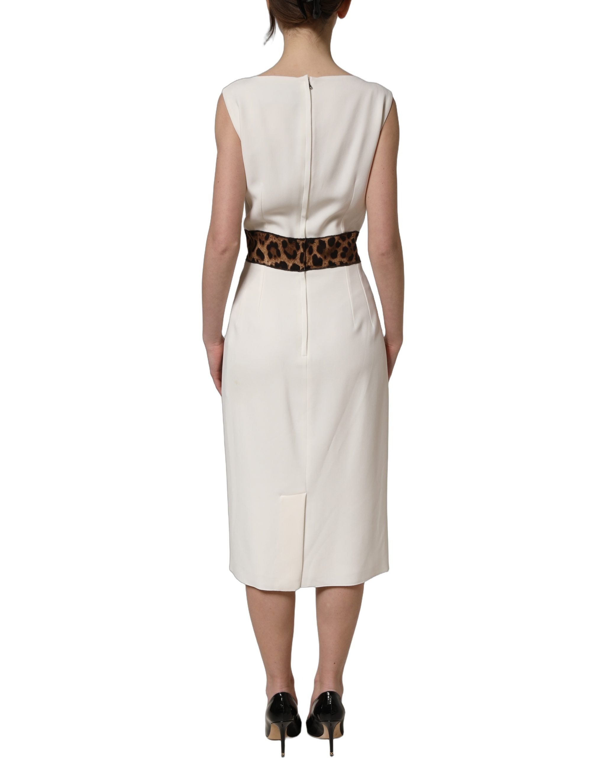 Dolce & Gabbana White Leopard Sleeveless Midi Dress Couture
