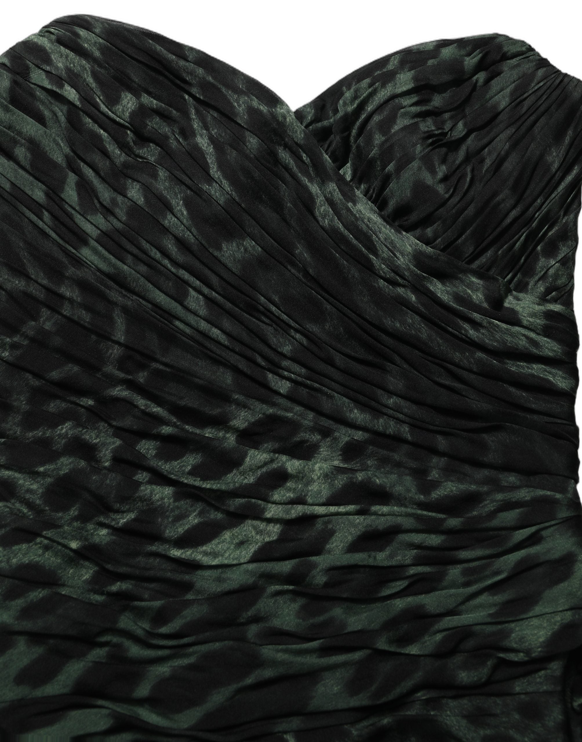 Experience the allure of the Dolce & Gabbana Green Leopard Print Bustier Draped Midi Dress, a silk masterpiece that embodies luxury and sophistication for the discerning individual.