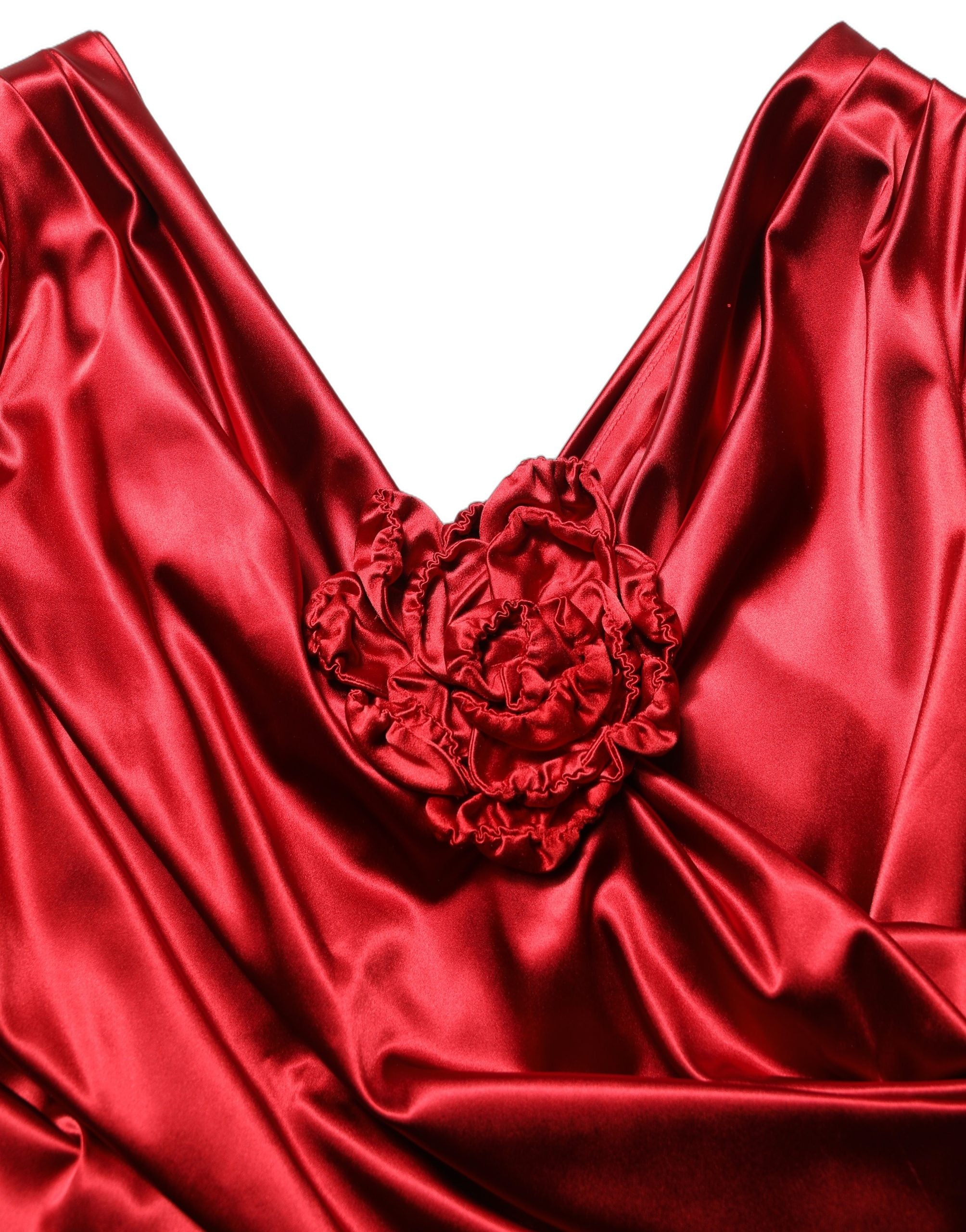 Elevate your elegance with the Dolce & Gabbana Red Silk Satin Draped Midi Floral Applique Dress, a masterpiece of Italian craftsmanship that embodies luxury and allure.