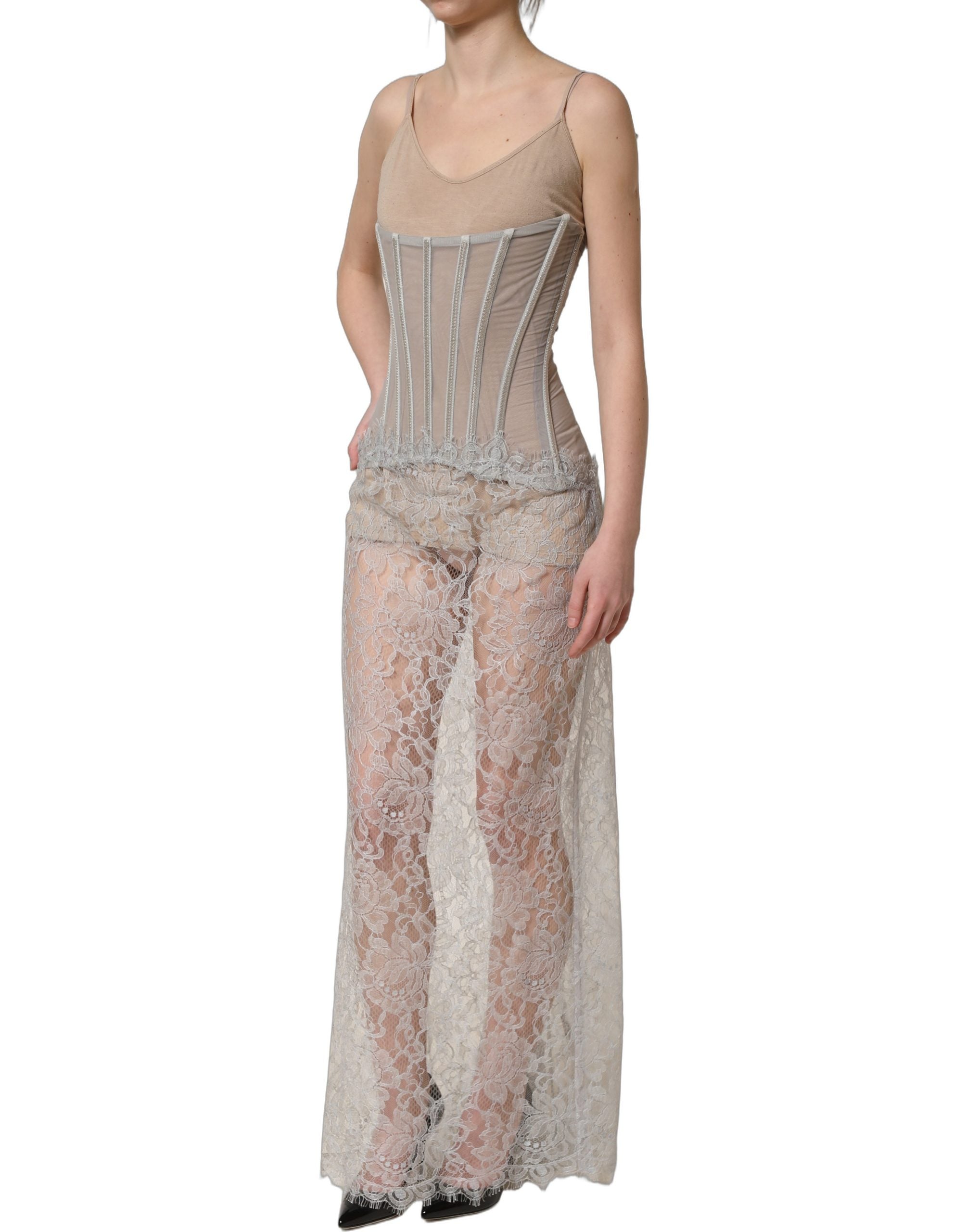 Experience the exquisite allure of the Dolce & Gabbana Gray Lace Corset Style Bodice Maxi Dress, a masterpiece of Italian craftsmanship that embodies sensual sophistication.