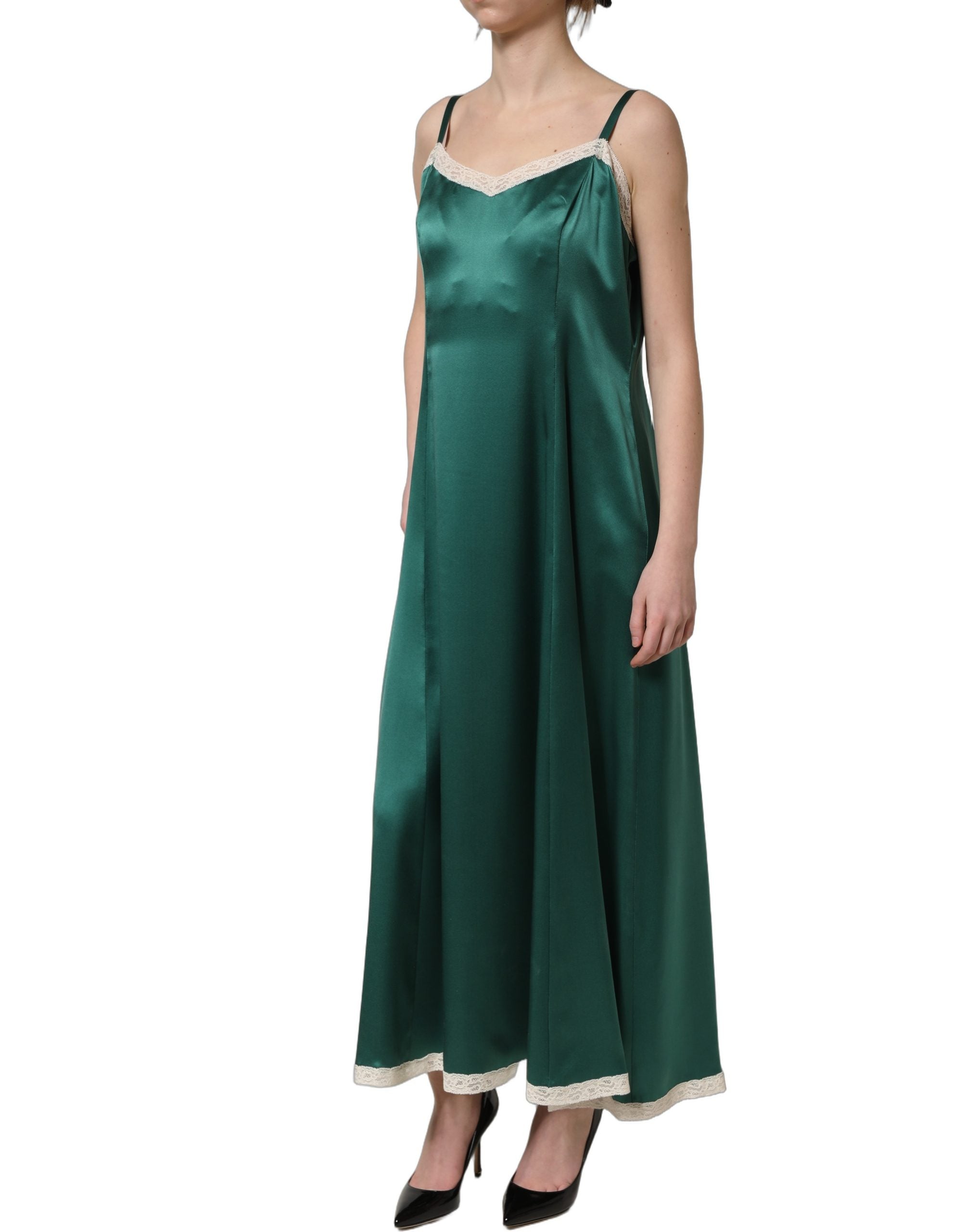 Experience the allure of the Dolce & Gabbana Green Satin Lace Trim Maxi Dress, a symbol of exquisite craftsmanship and luxurious silk, perfect for unforgettable moments.