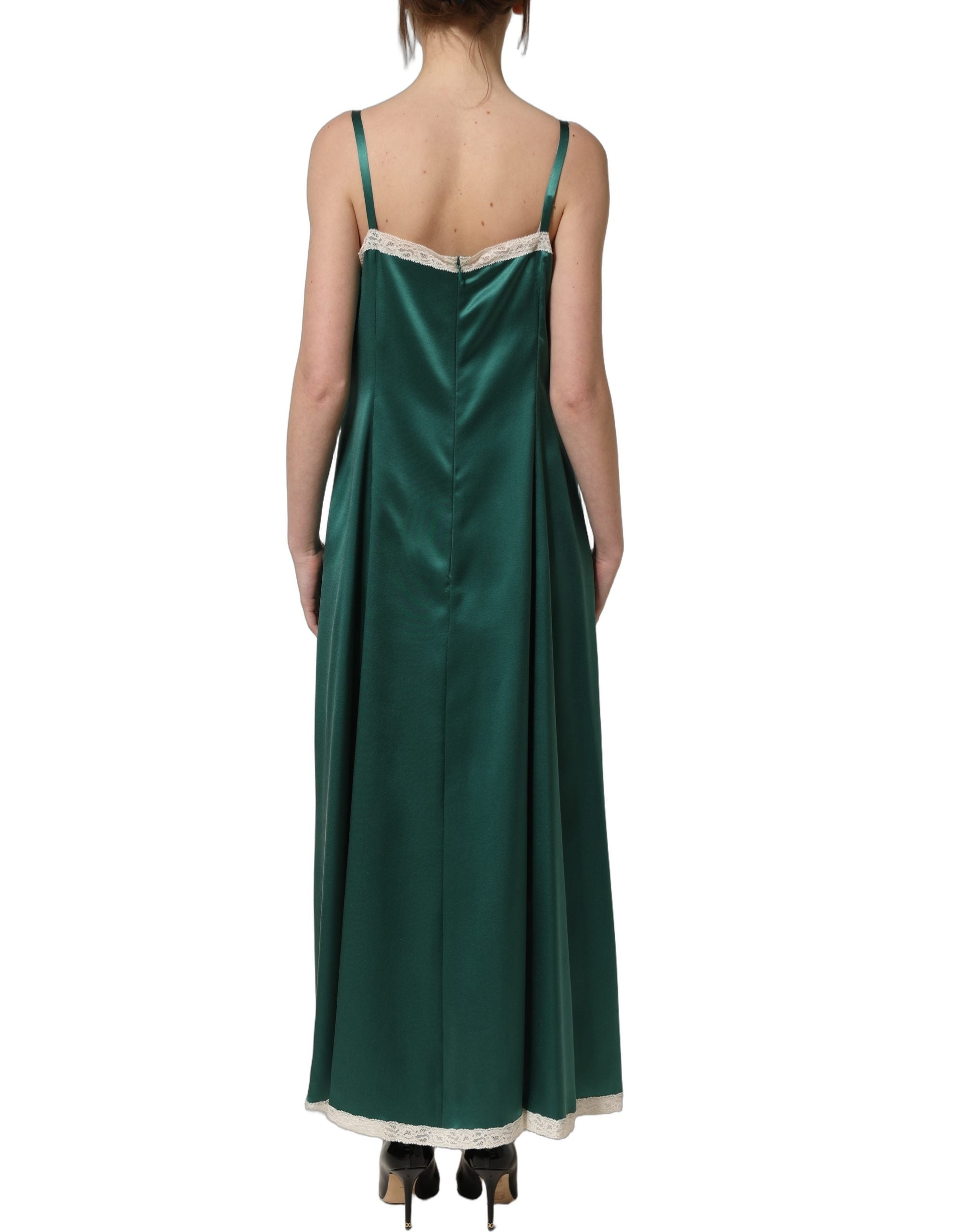 Experience the allure of the Dolce & Gabbana Green Satin Lace Trim Maxi Dress, crafted from luxurious silk to elevate your elegance and sophistication for any occasion.