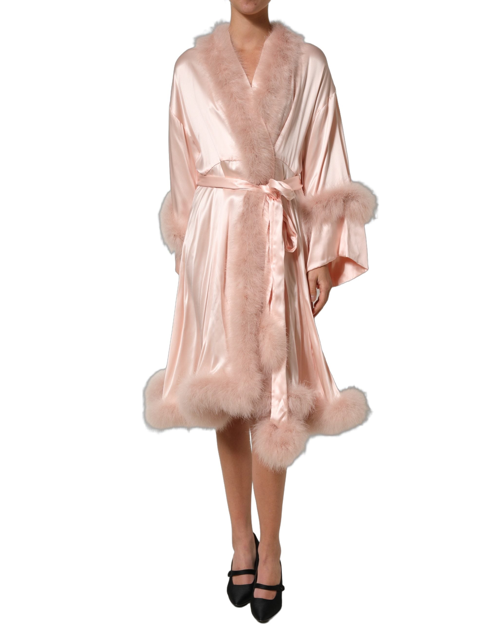 Experience the allure of the Dolce & Gabbana Light Pink Silk Turkey Feather Wrap Midi Dress, a masterpiece of Italian craftsmanship that embodies luxury and elegance.