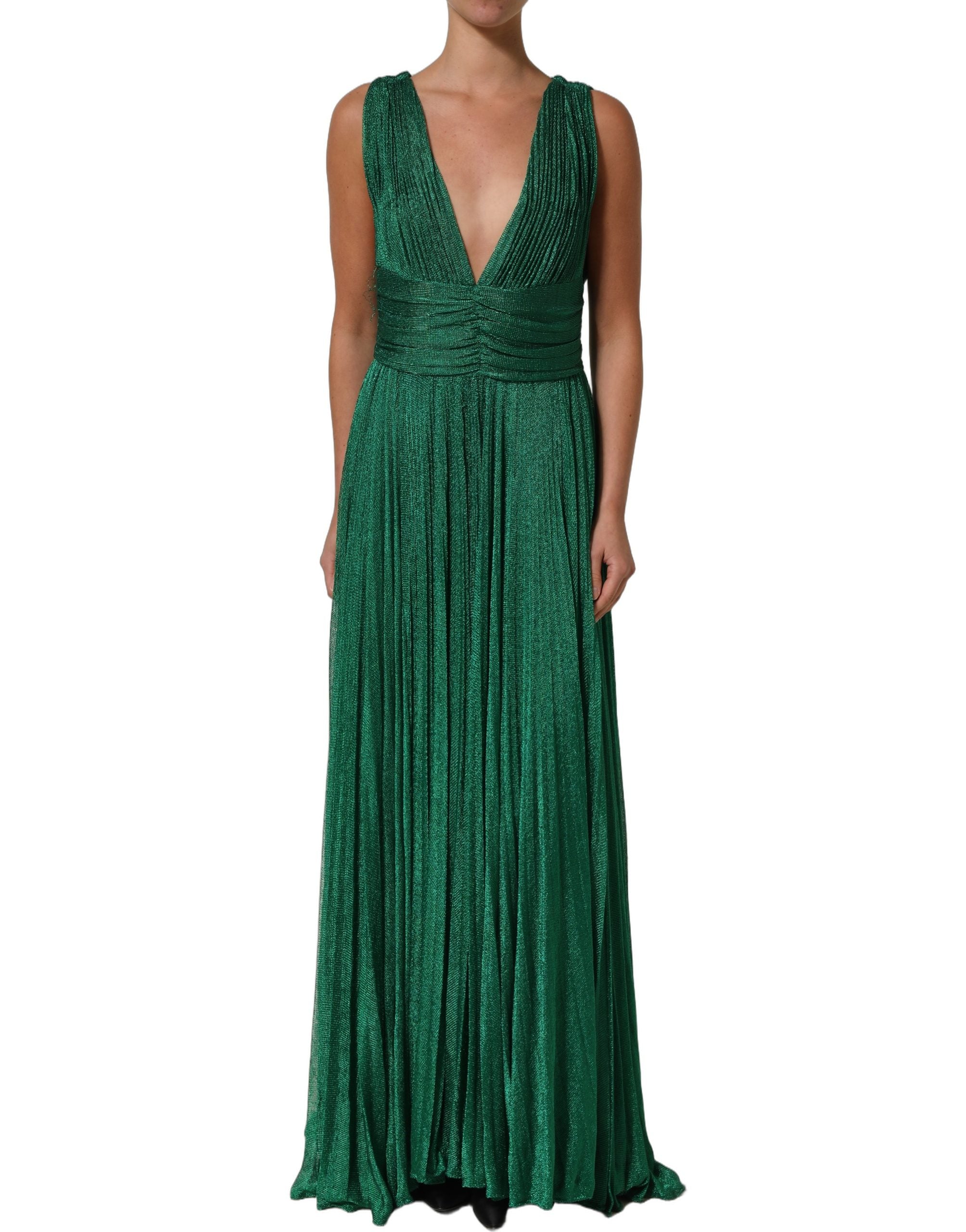 Indulge in the exquisite Dolce & Gabbana Emerald Green Plissé Evening Gown, where luxurious materials and impeccable craftsmanship create a timeless statement of elegance.