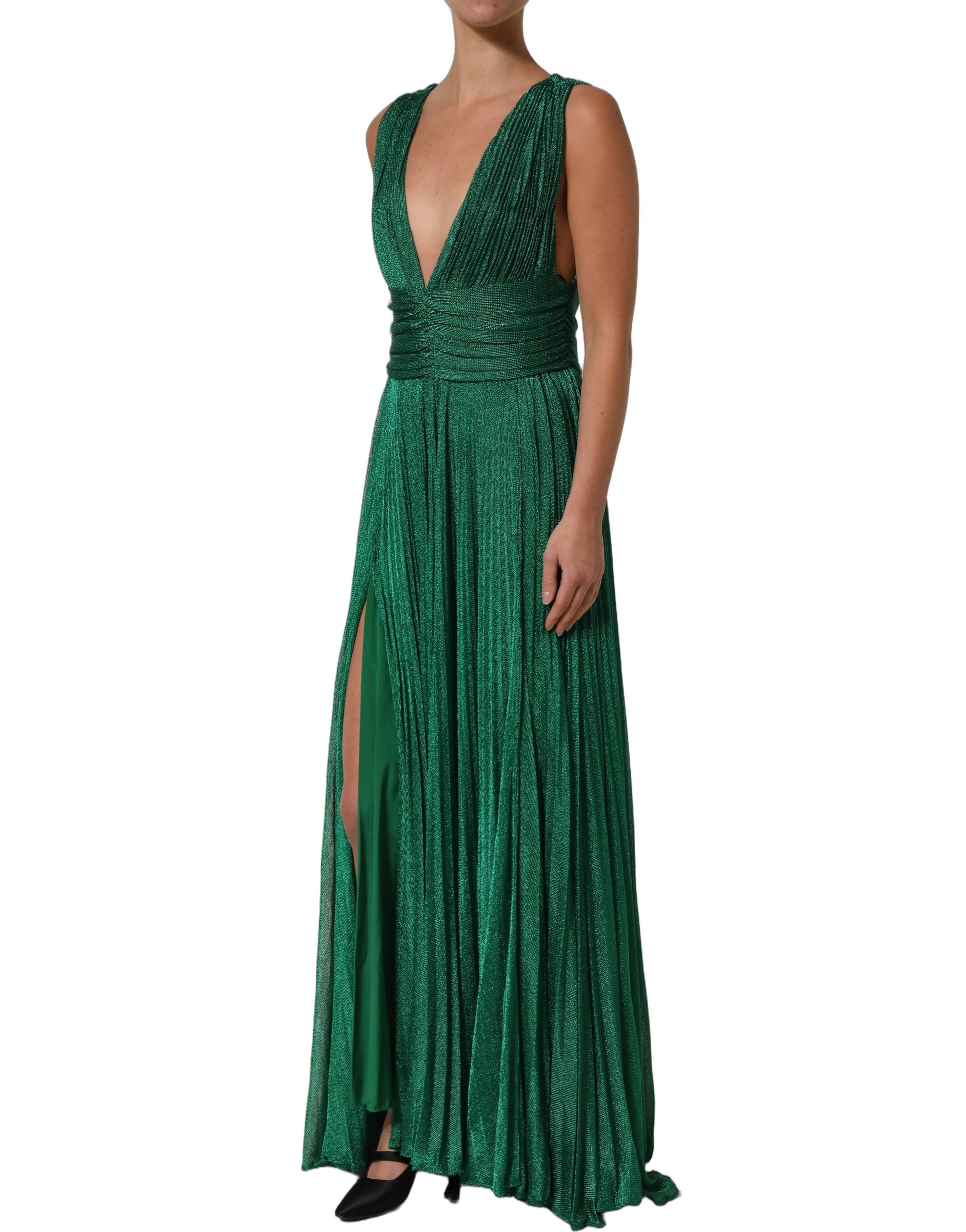 Elevate your evening with the Dolce & Gabbana Emerald Green Plissé Evening Gown, a masterpiece of Italian craftsmanship that embodies opulence and allure.