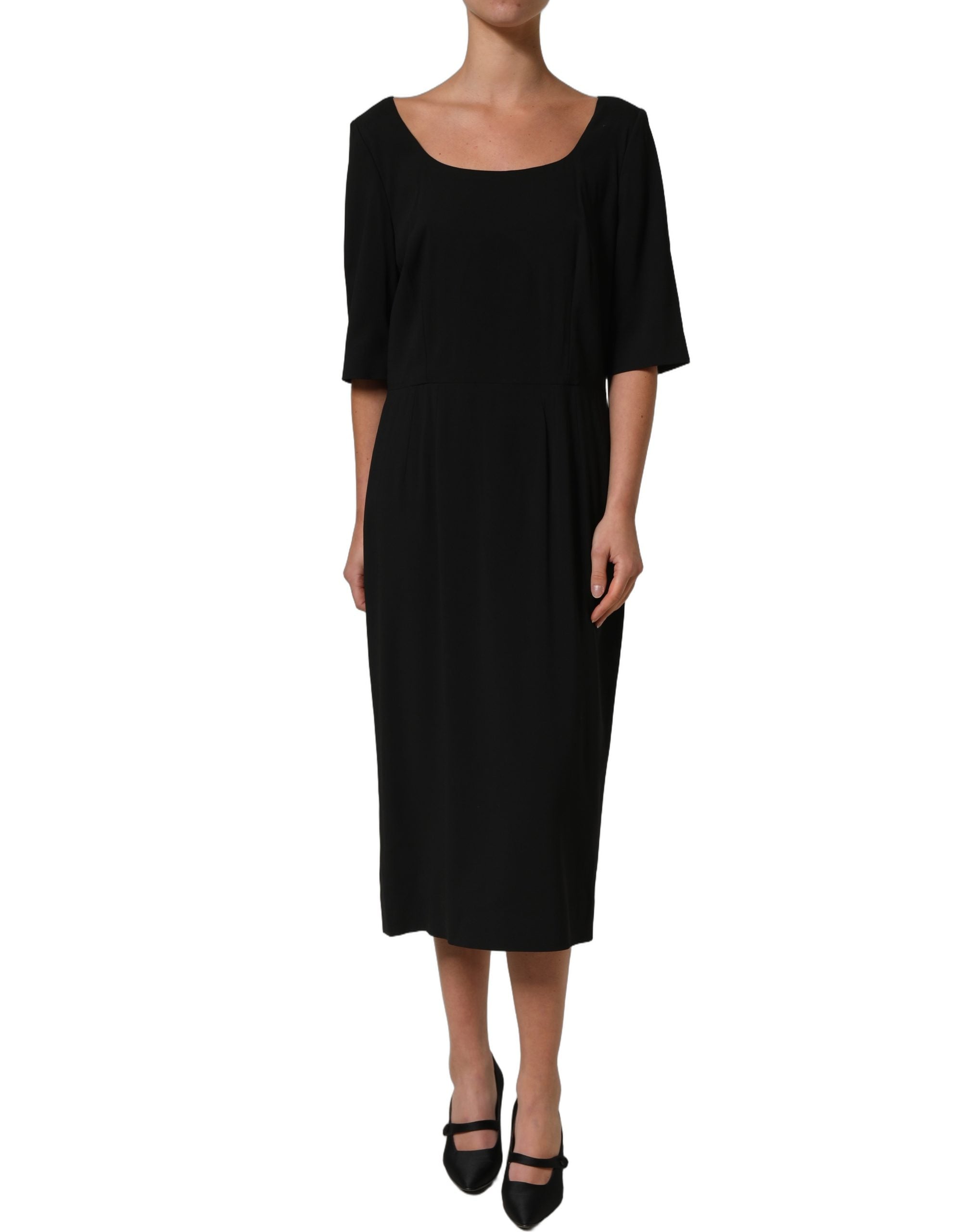 Elevate your elegance with the Dolce & Gabbana Black Viscose Cropped Sleeves Midi Dress, a masterpiece of Italian craftsmanship that embodies timeless allure and sophistication.