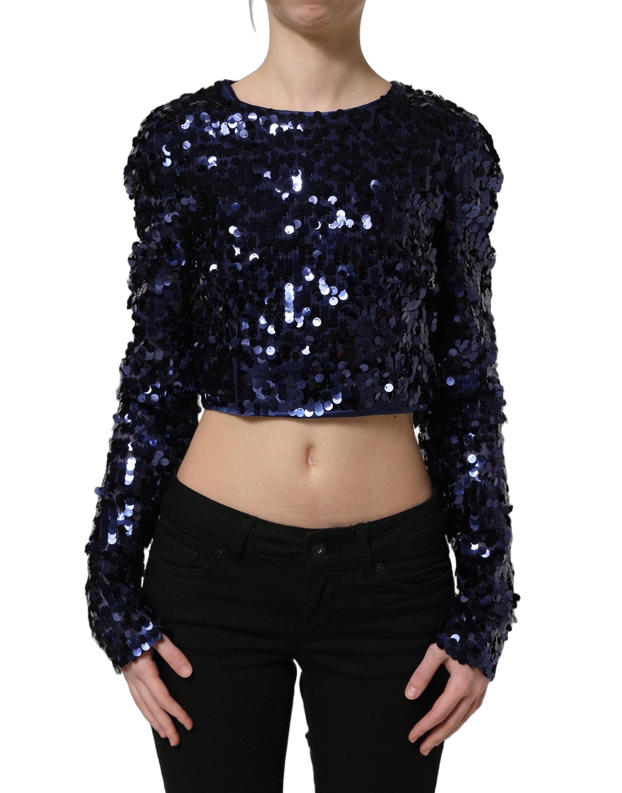 Dolce & Gabbana Blue Sequined Crop Blouse - Artisanal Elegance