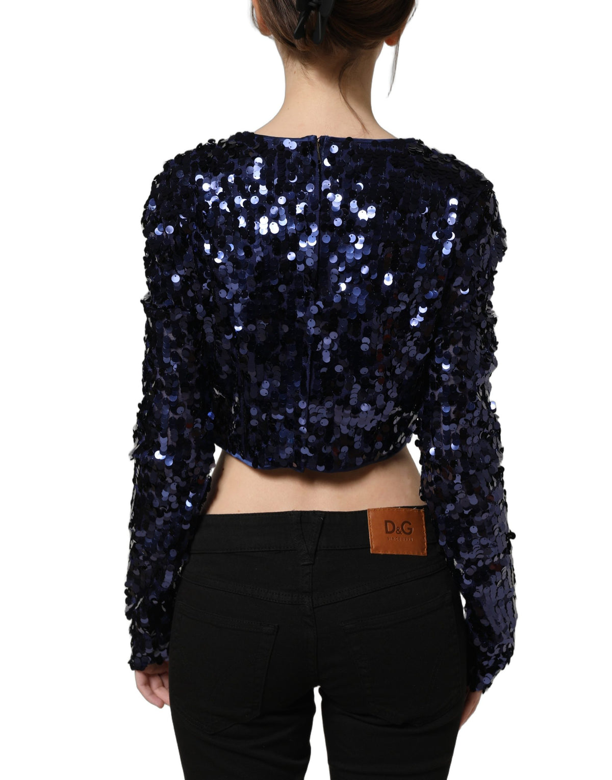 Dolce & Gabbana Blue Sequined Crop Blouse - Artisanal Elegance