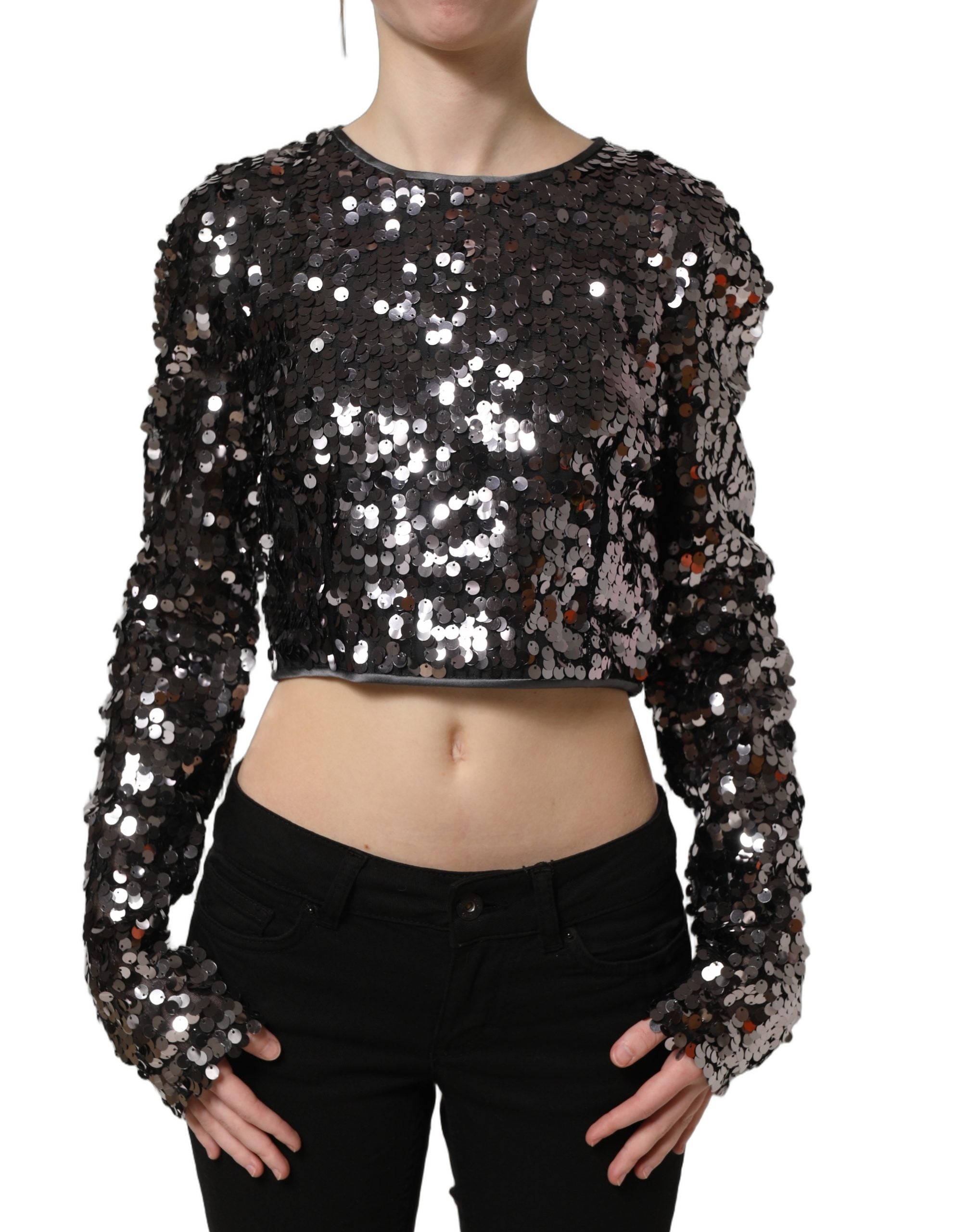 Dolce & Gabbana Black Sequined Crop Blouse – Artisanal Elegance