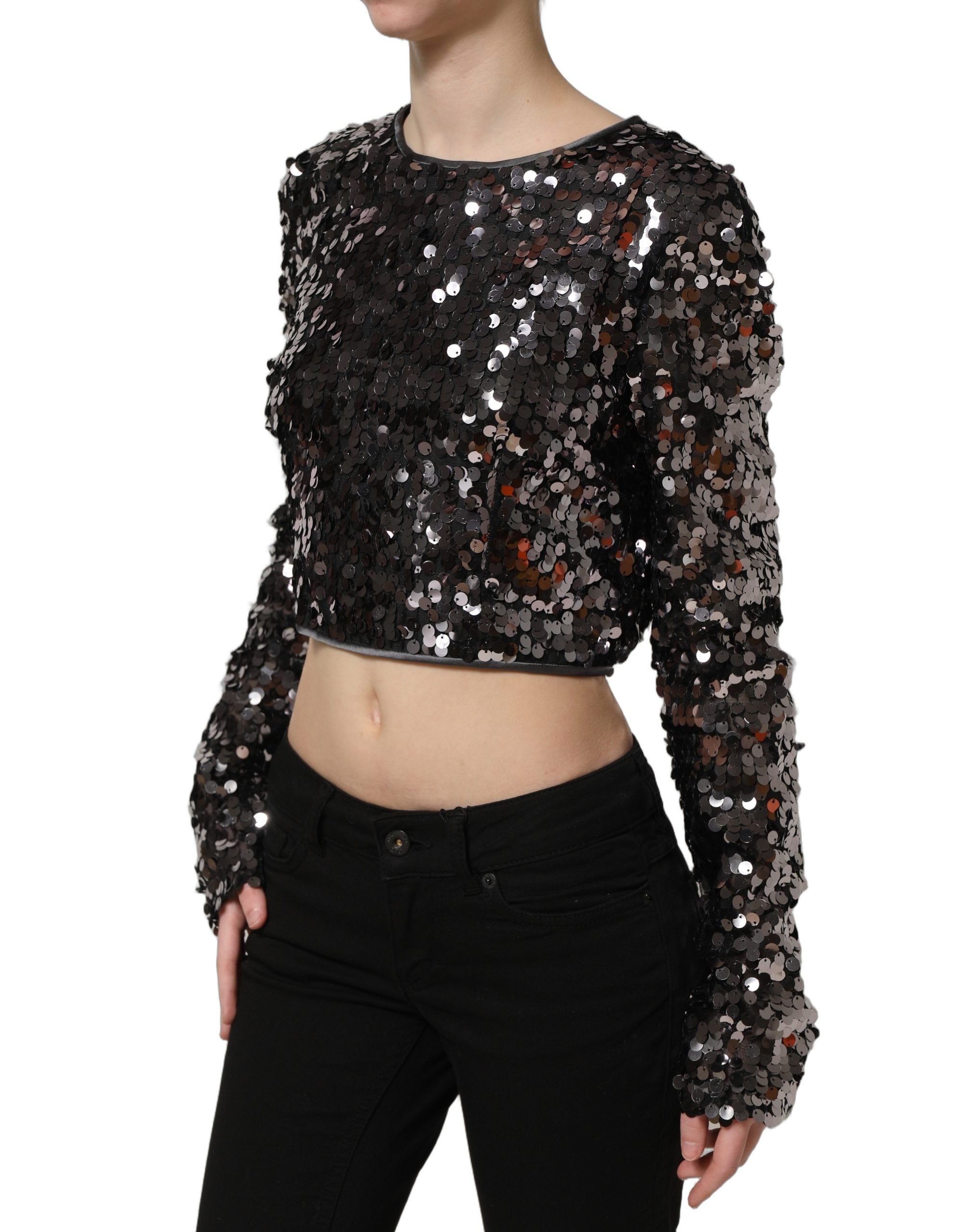 Dolce & Gabbana Black Sequined Crop Blouse - Artisanal Elegance