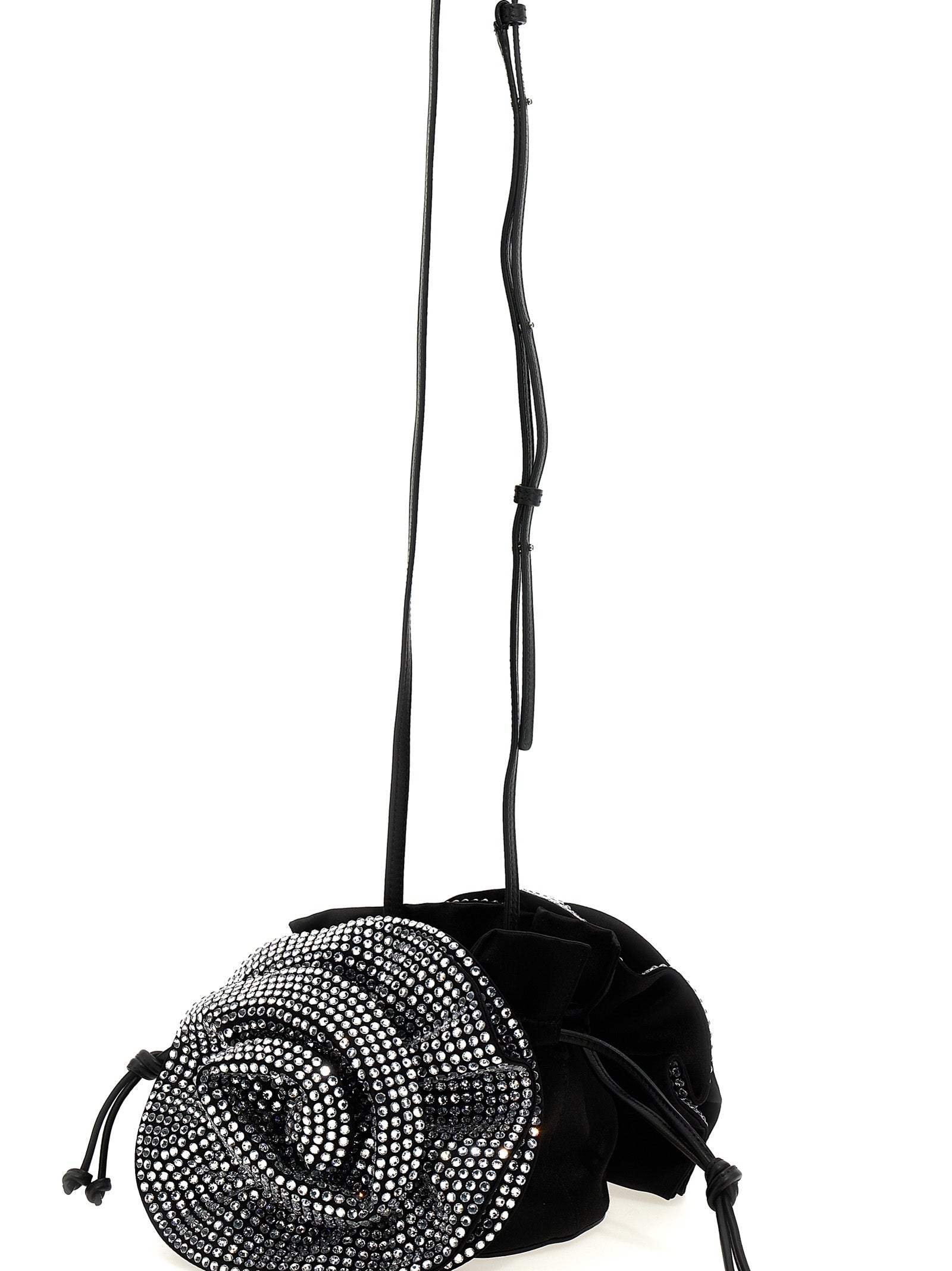 Elevate your elegance with the Magda Butrym Black Viscose Crossbody Bag, a luxurious blend of silk and viscose, adorned with exquisite crystal flowers for timeless allure.