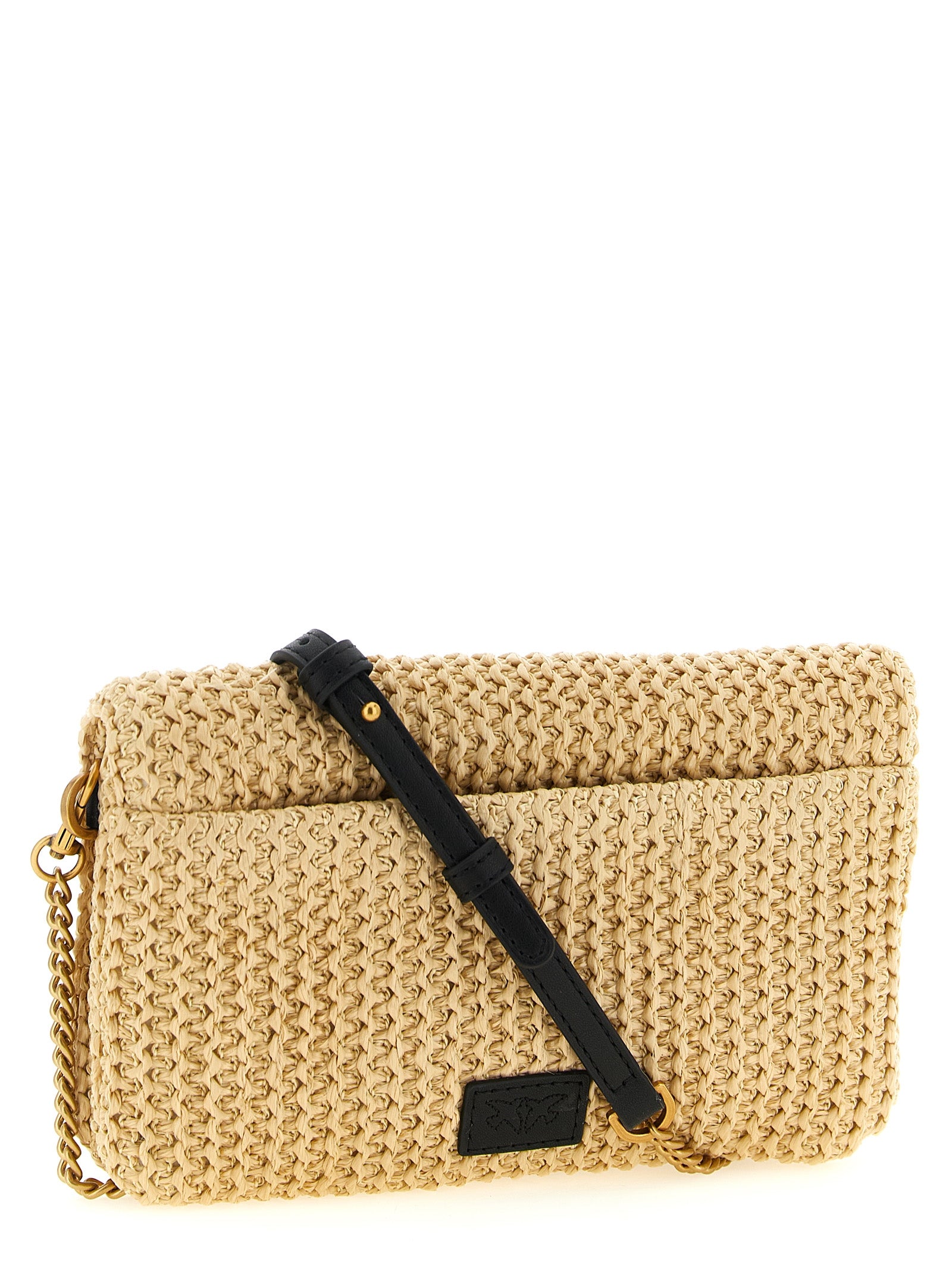 Discover the PINKO Love Click Soft Horizontal Mini Clutch, a masterpiece of woven raffia and metallic elegance, perfect for elevating any ensemble with timeless sophistication.