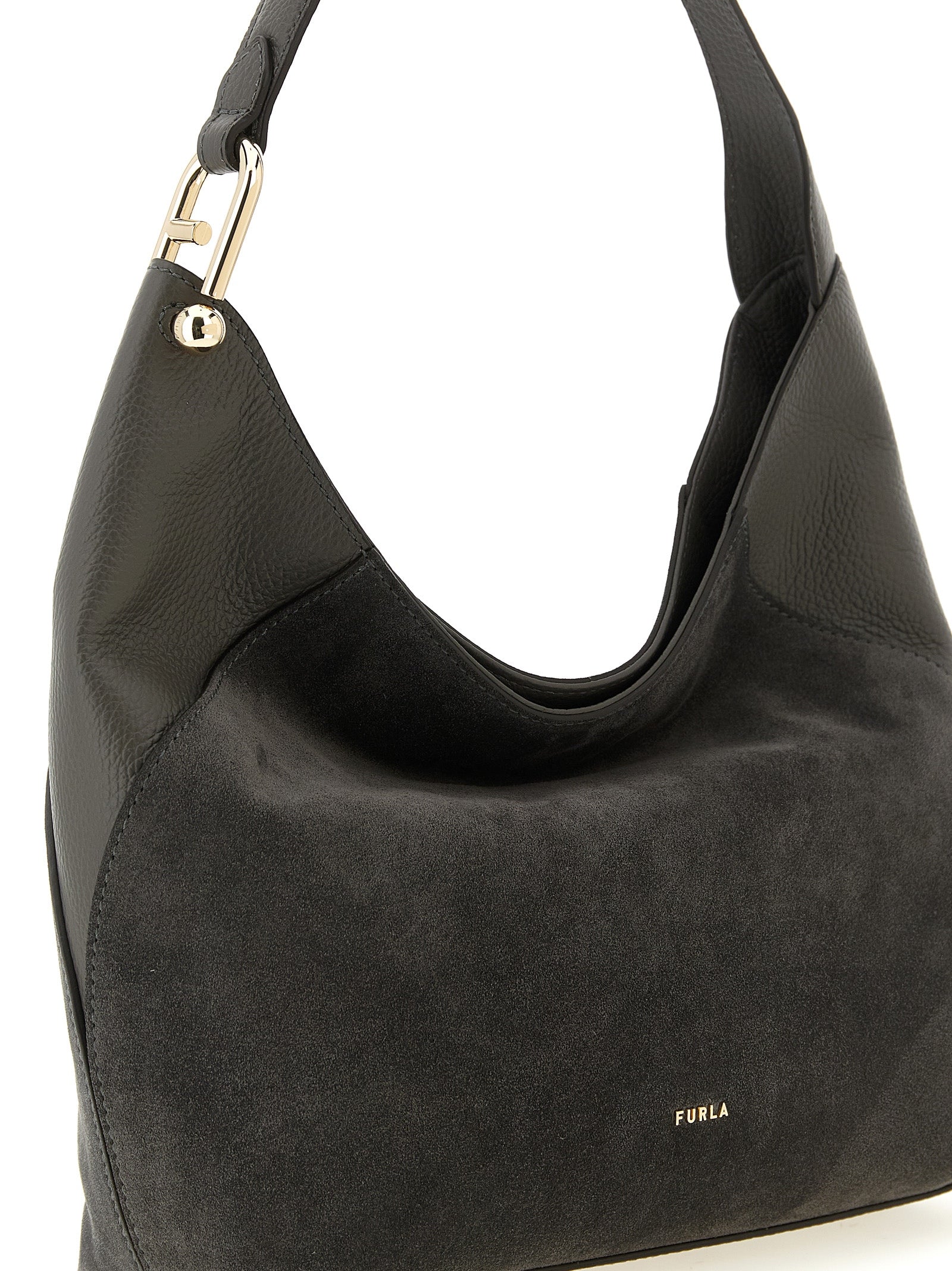 Discover the Furla Gray Calfskin Shoulder Bag, a luxurious blend of suede and leather, embodying timeless elegance for the discerning individual.