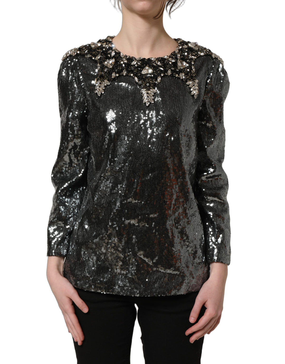Dolce & Gabbana Metallic Gray Sequin Blouse - Exquisite Luxury
