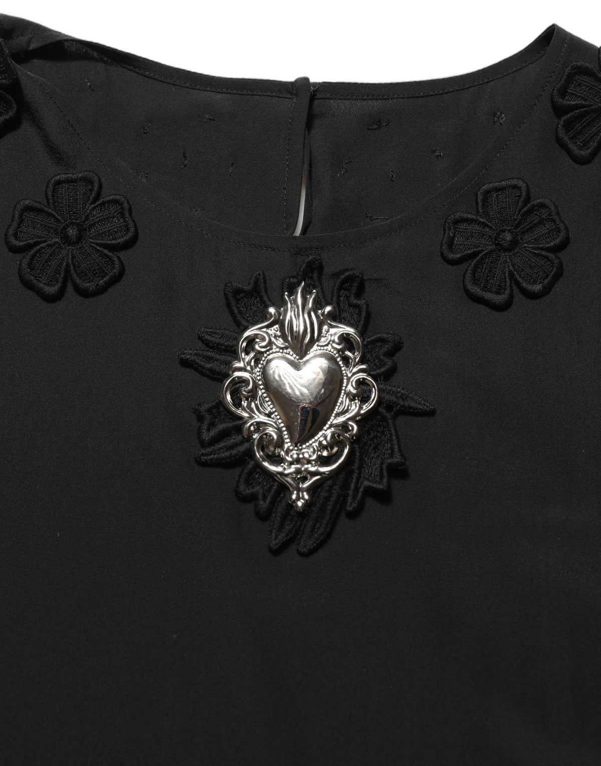 Dolce & Gabbana Black Floral Silk Heart Appliqué Blouse