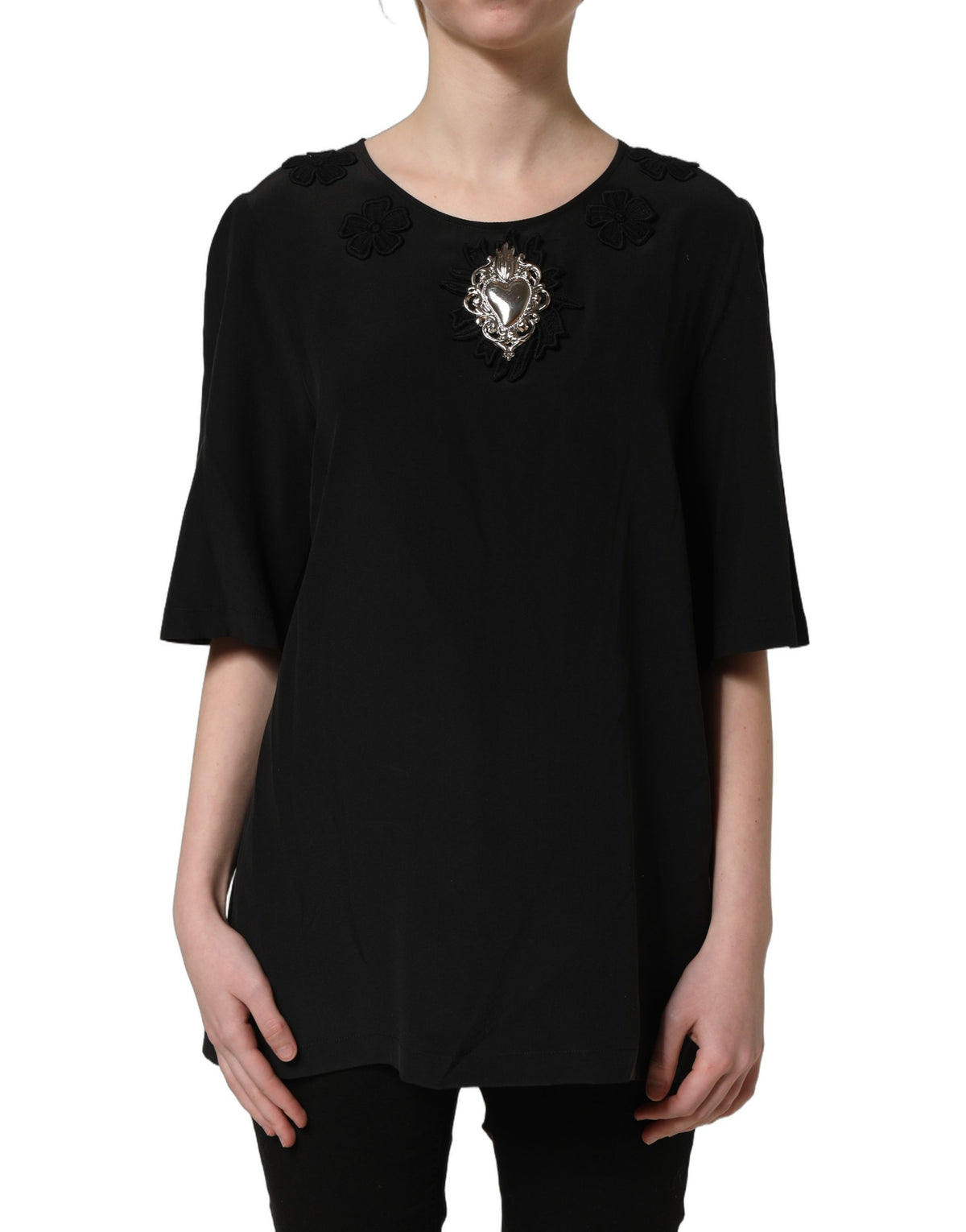 Dolce & Gabbana Black Floral Silk Heart Appliqué Blouse