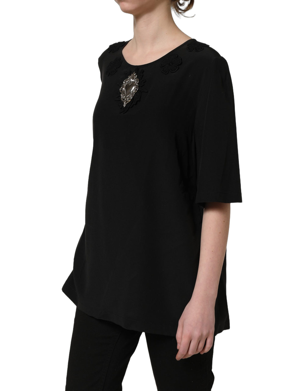 Dolce & Gabbana Black Floral Silk Heart Appliqué Blouse