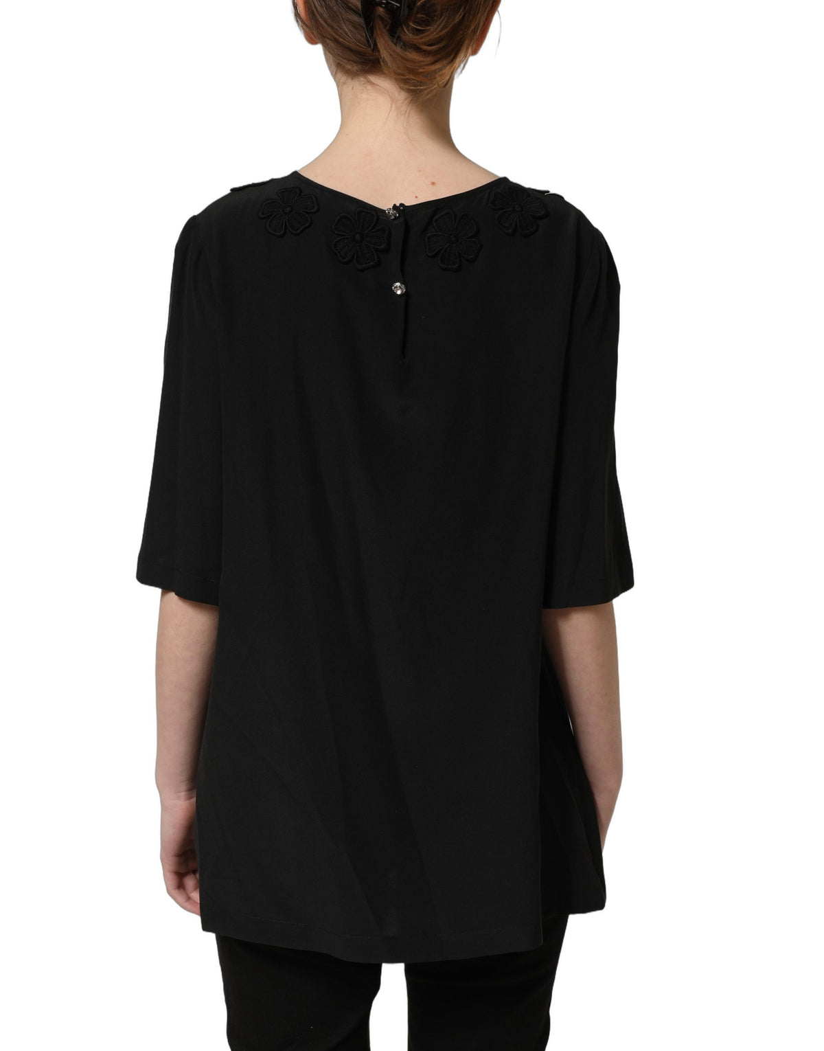 Dolce & Gabbana Black Floral Silk Heart Appliqué Blouse