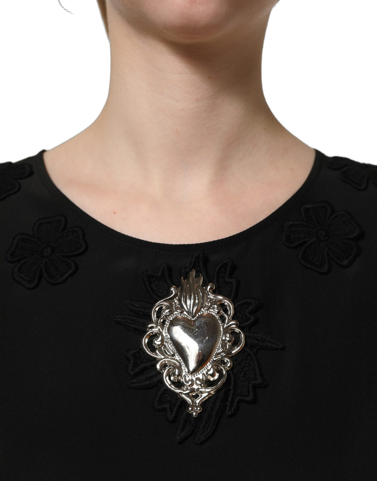 Dolce & Gabbana Black Floral Silk Heart Appliqué Blouse