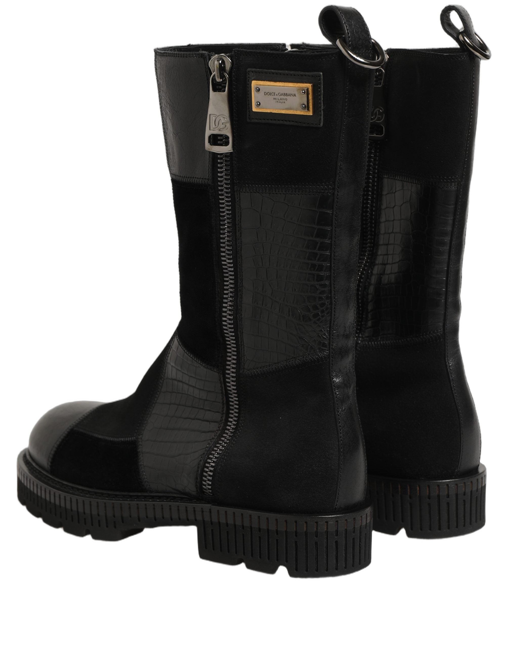 Dolce & Gabbana Black Patchwork Leather Mid Calf Boots Couture