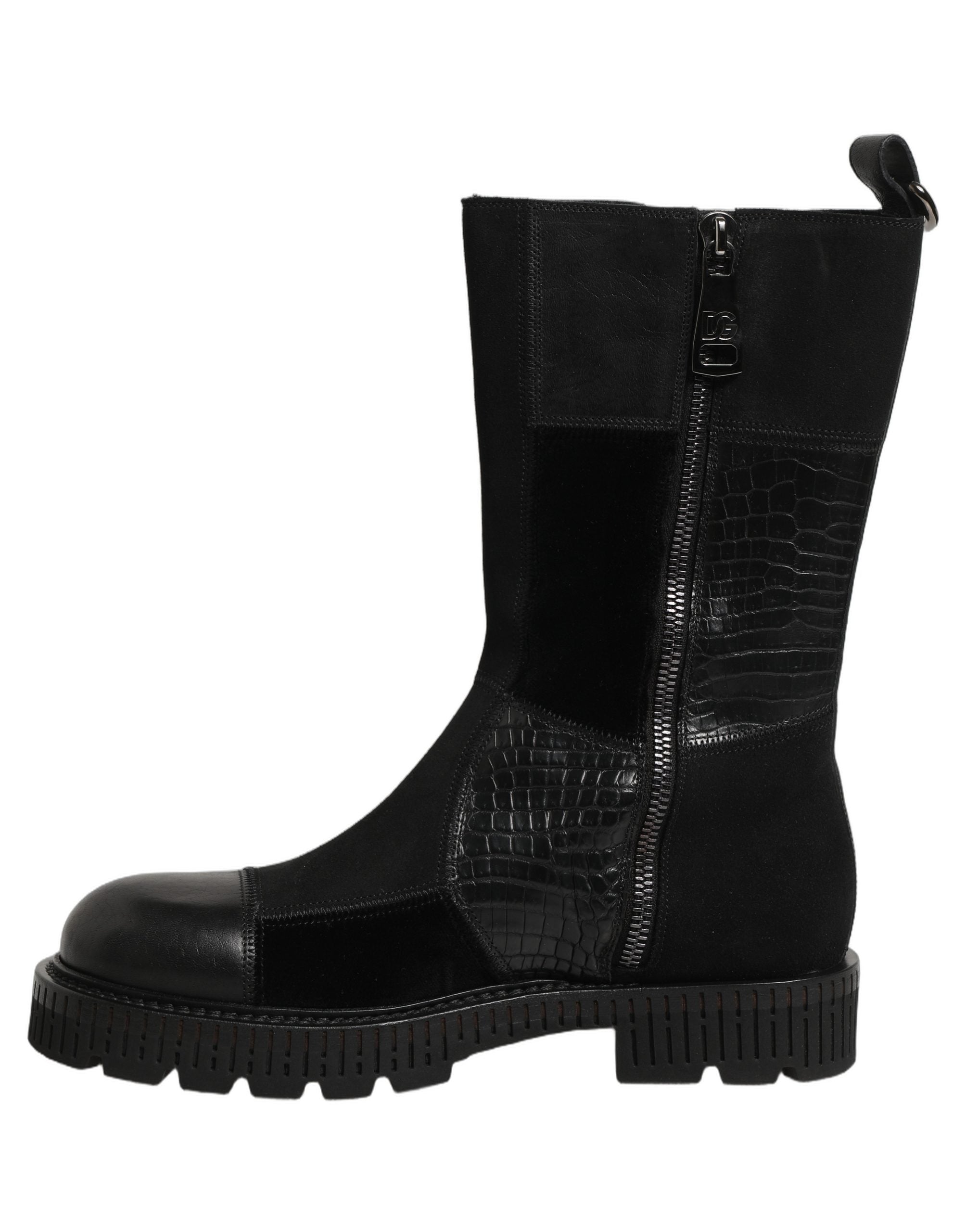 Dolce & Gabbana Black Patchwork Leather Mid Calf Boots Couture