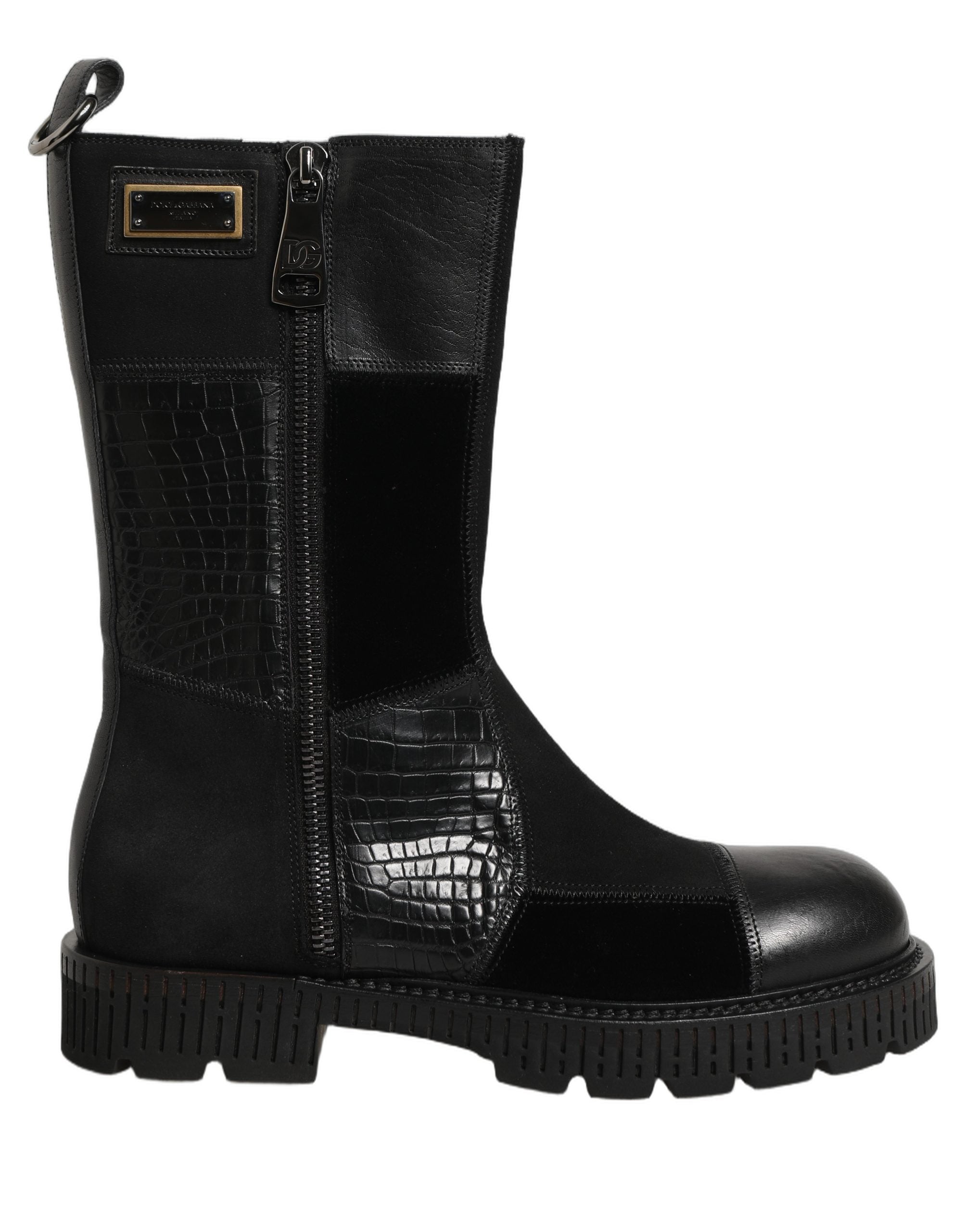 Dolce & Gabbana Black Patchwork Leather Mid Calf Boots Couture