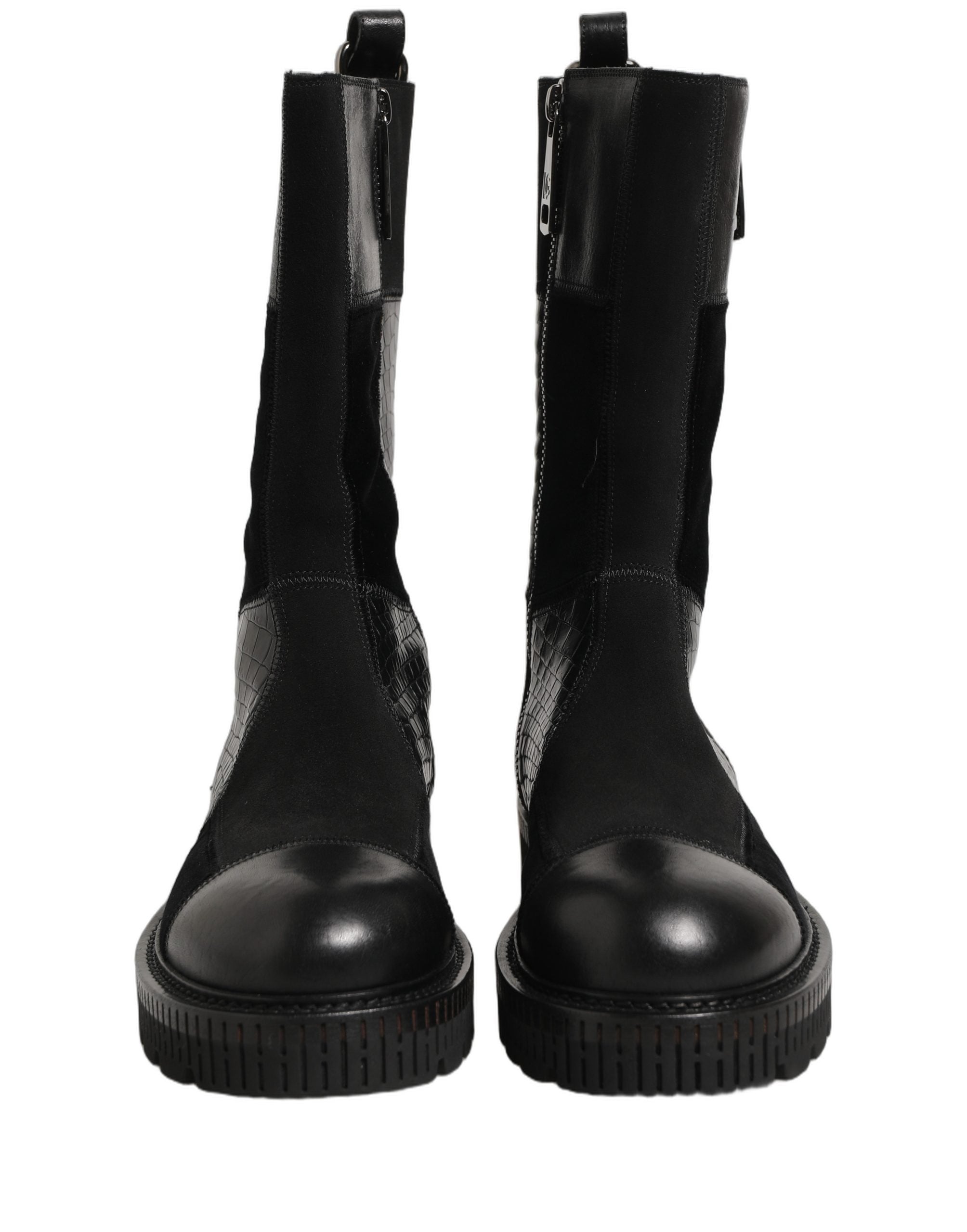 Dolce & Gabbana Black Patchwork Leather Mid Calf Boots Couture