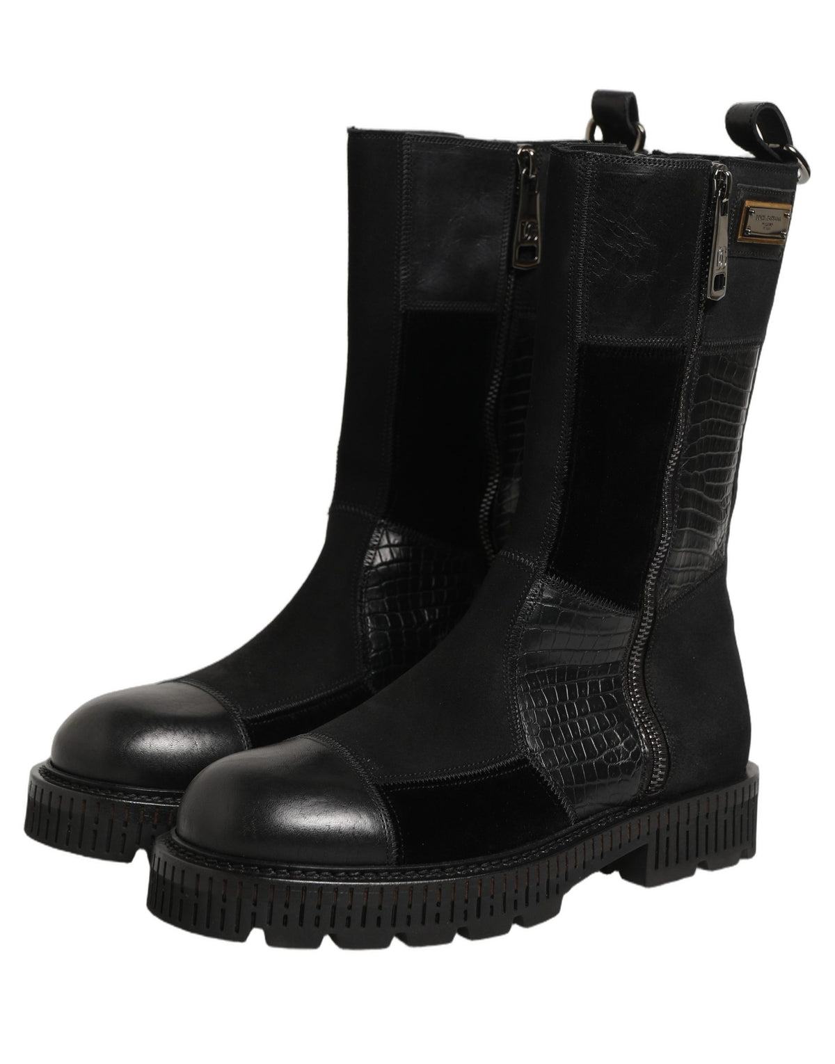 Dolce & Gabbana Black Patchwork Leather Mid Calf Boots Couture