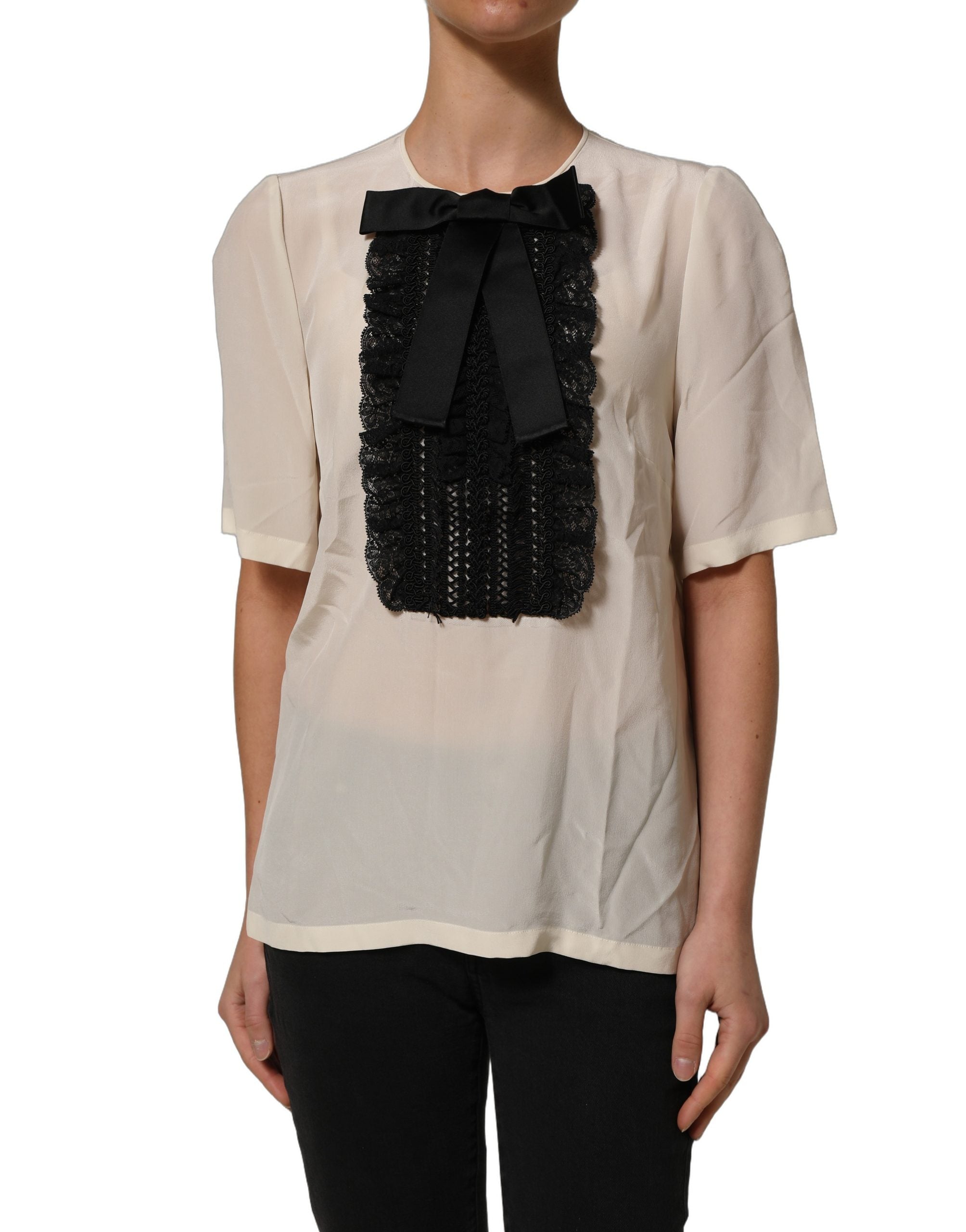 Dolce & Gabbana Beige Silk Lace Blouse - Artisanal Luxury Fashion