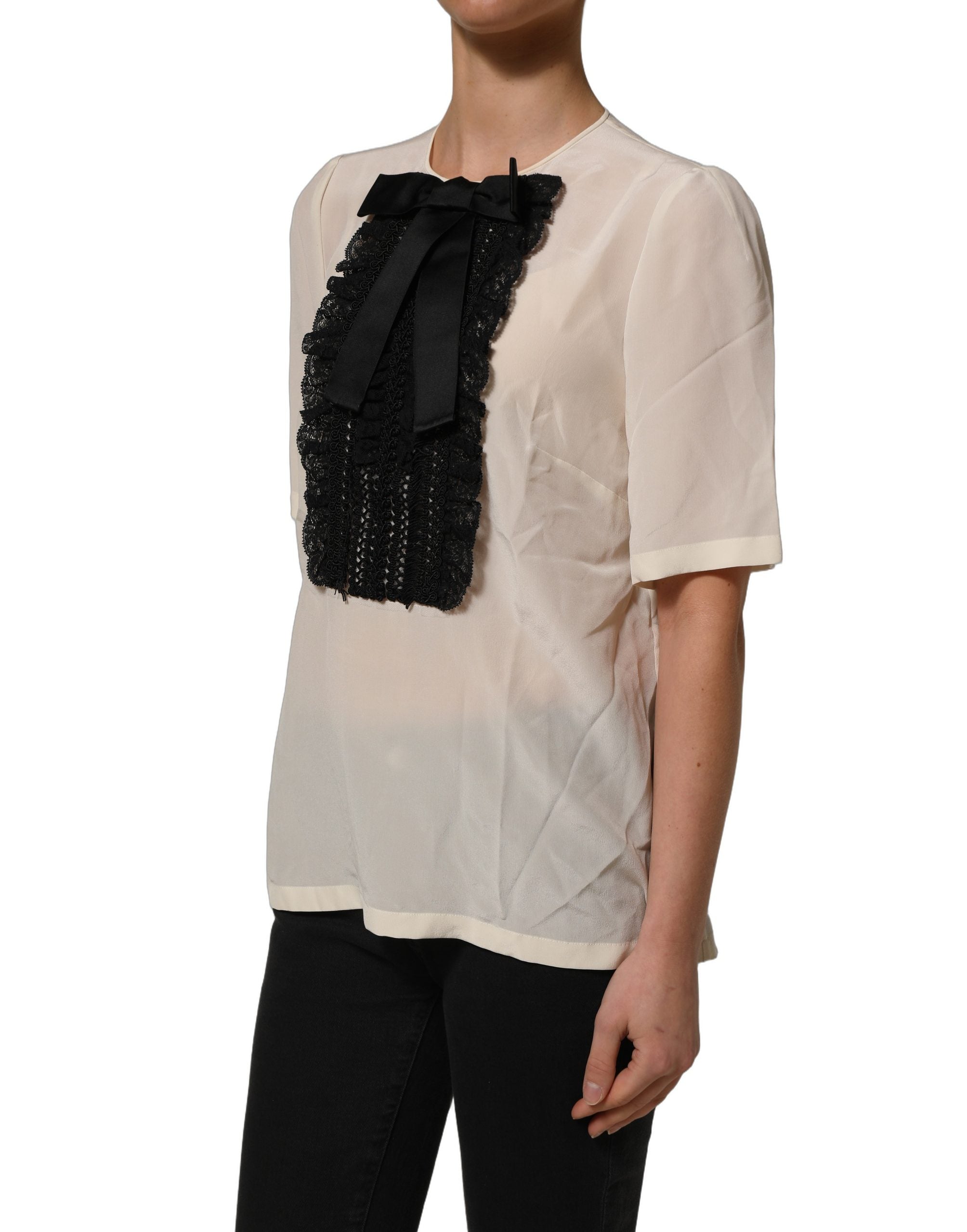 Dolce & Gabbana Beige Silk Lace Blouse - Artisanal Luxury Fashion