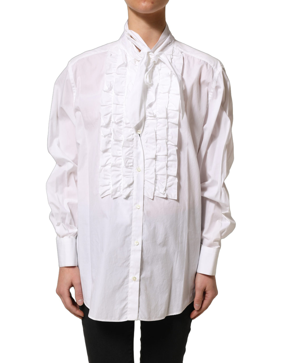 Dolce & Gabbana White Ruffled Bib Blouse - Timeless Elegance