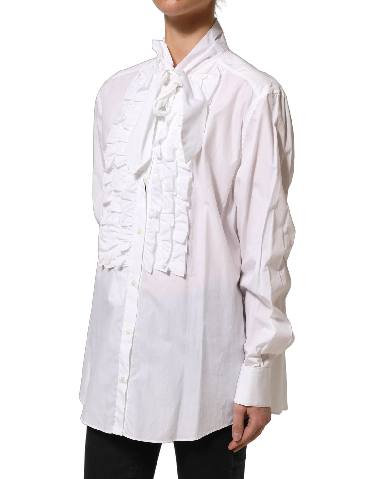 Dolce & Gabbana White Ruffled Bib Blouse - Timeless Elegance