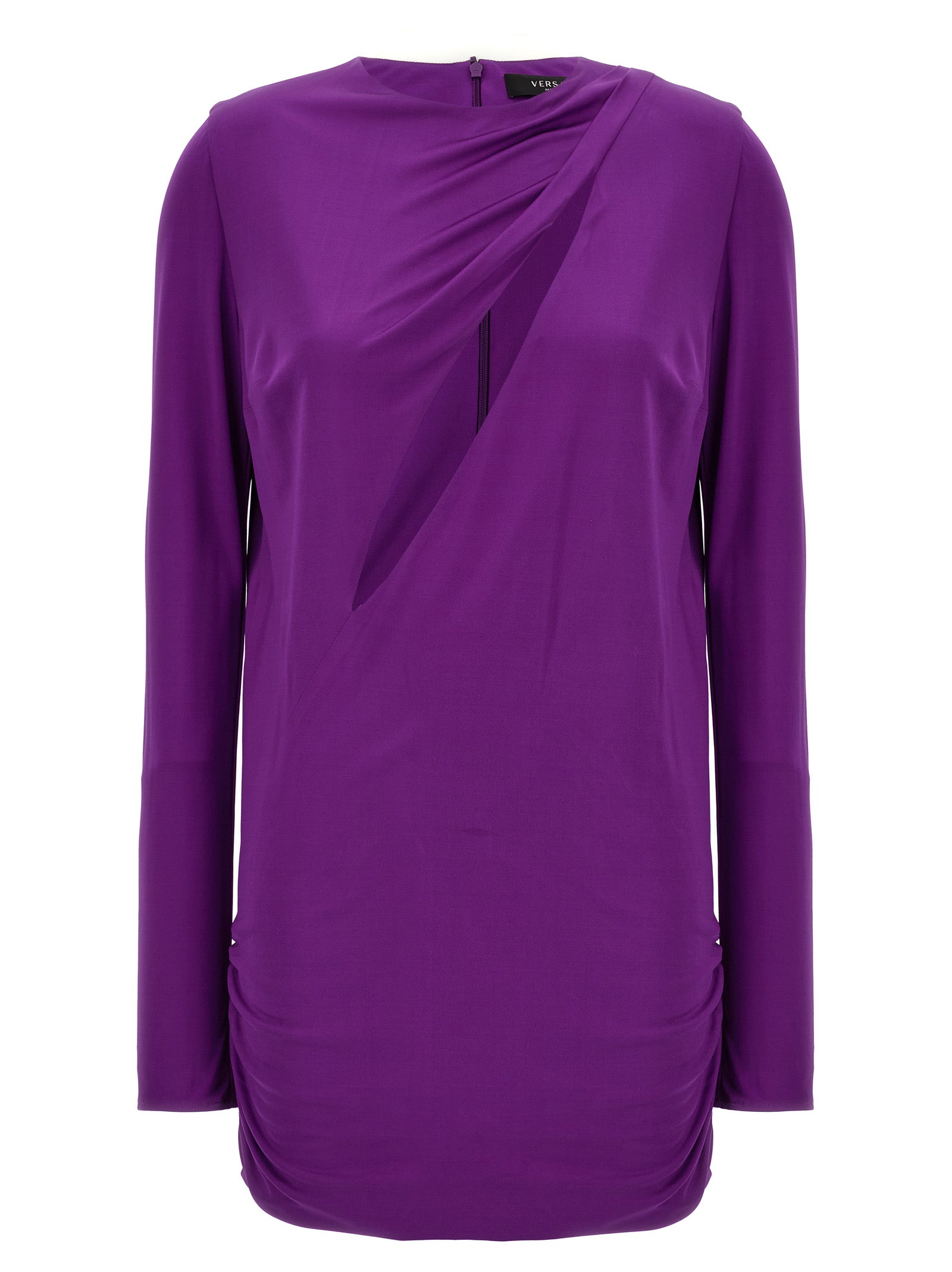 Indulge in the exquisite Versace Purple Viscose Short Dress, where luxurious craftsmanship meets striking elegance, perfect for the discerning fashion connoisseur.
